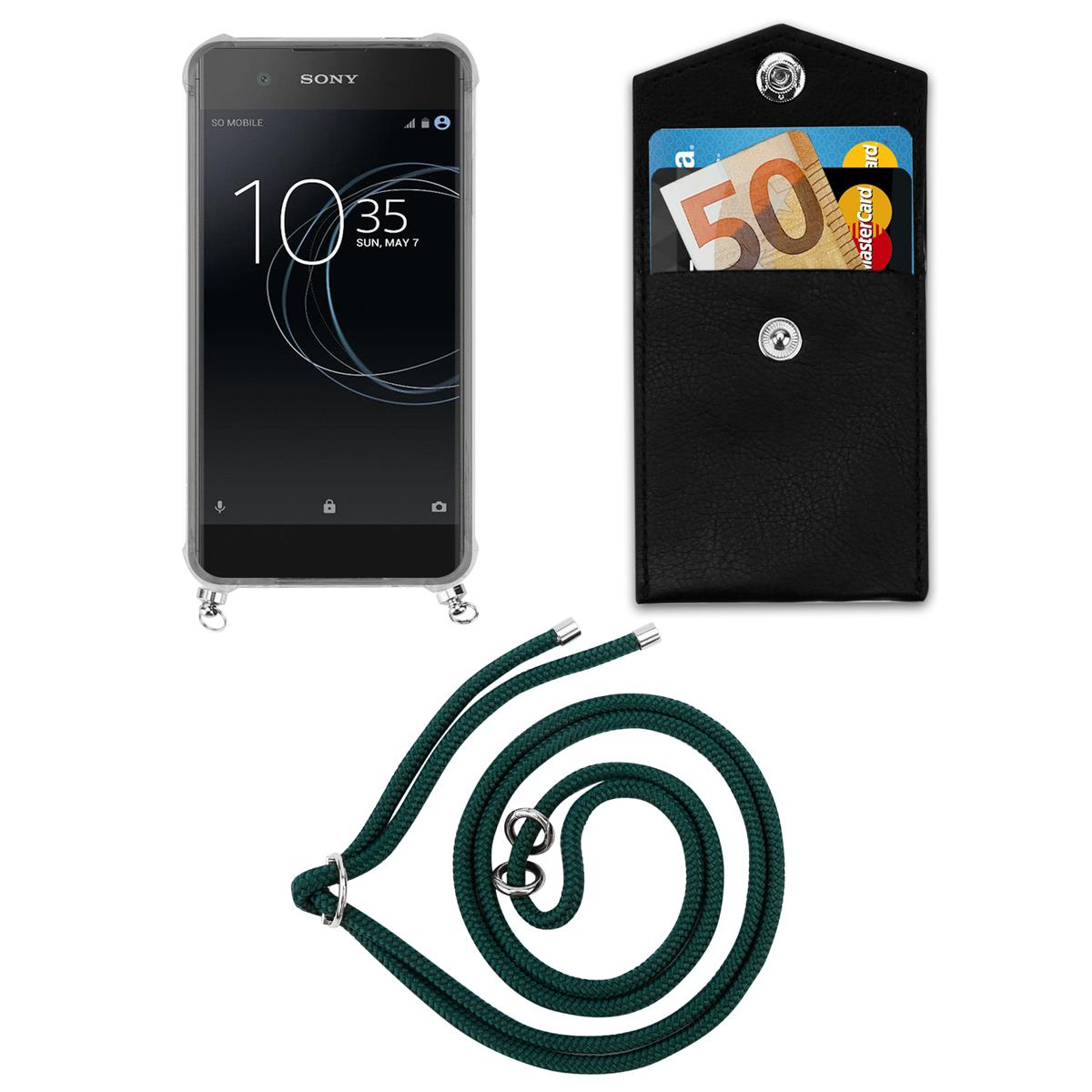 Telefon mit transparenter Hülle, Kartenhalter und grünem Halsband.