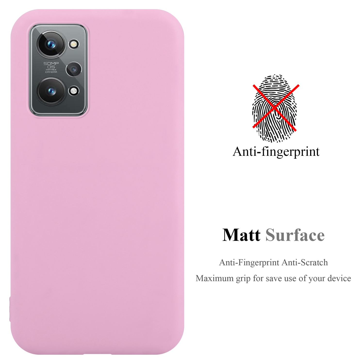Rosa Handyhülle mit Kamera oben links und Anti-Fingerprint-Symbol.
