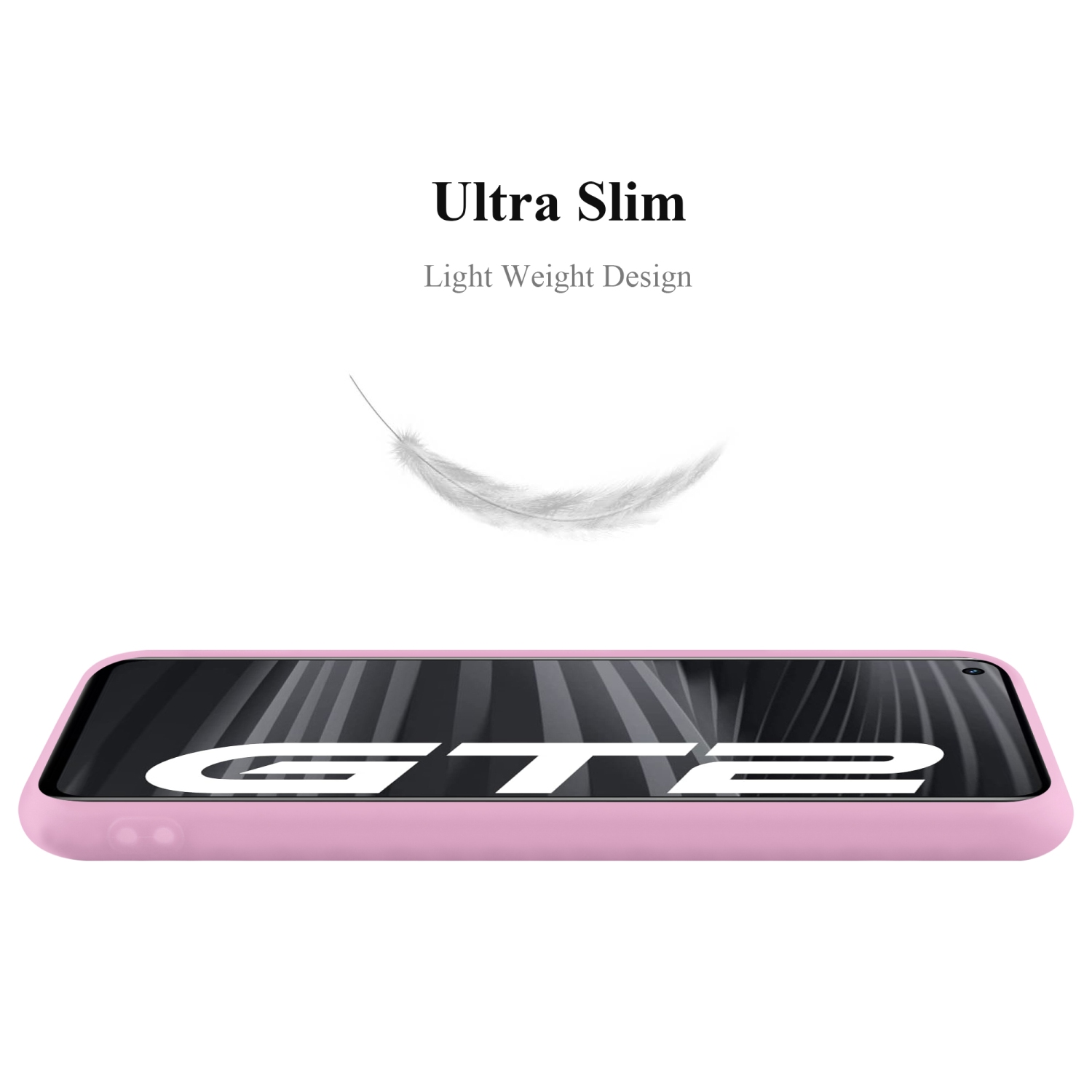 Eine pinkfarbene Handyhülle mit dem Text "Ultra Slim". Eine Feder schwebt darüber.