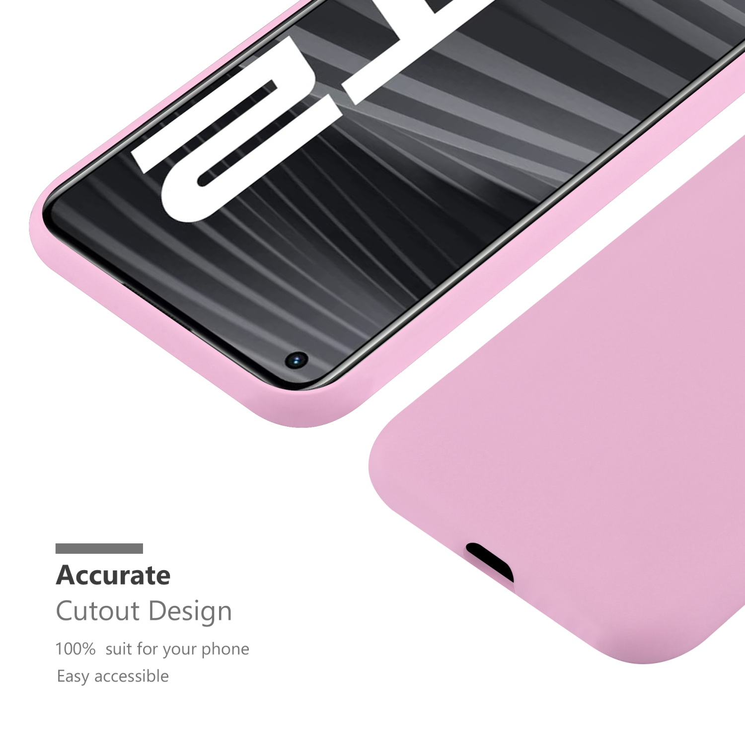 Eine rosa Handyhülle mit einem Telefon, das eine blau-weiße Grafik zeigt, auf weißem Hintergrund. Der Text 'Accurate'.