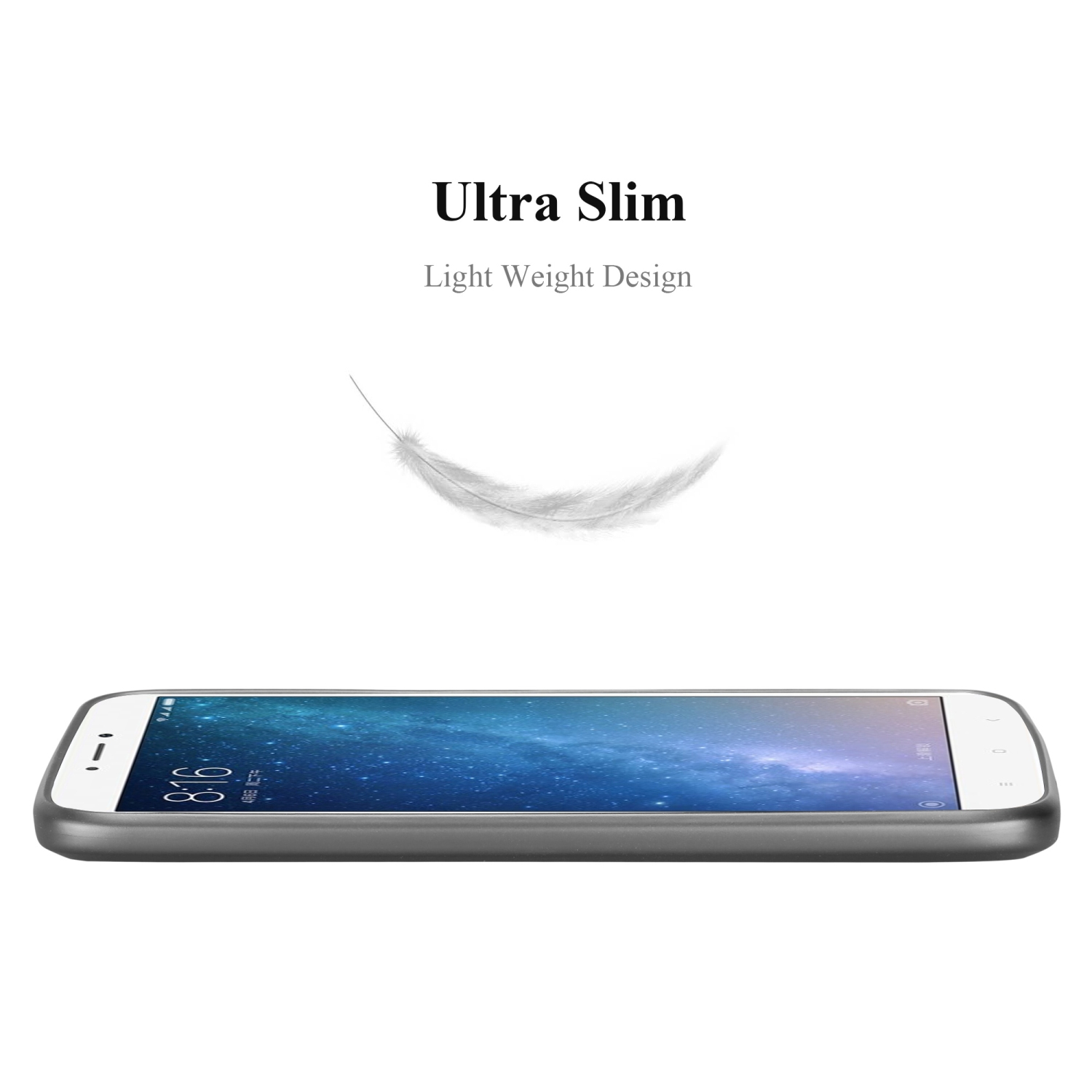 Telefon auf der Seite. Die Worte Ultra Slim und Light Weight Design stehen oben.