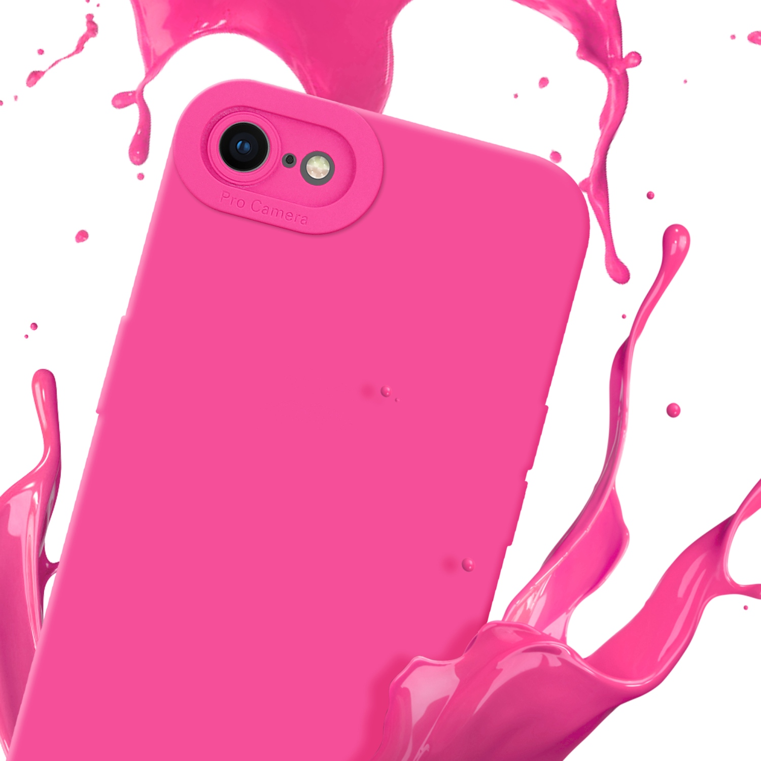 Custodia rosa per telefono con ritaglio fotocamera e schizzi di vernice rosa su sfondo bianco.