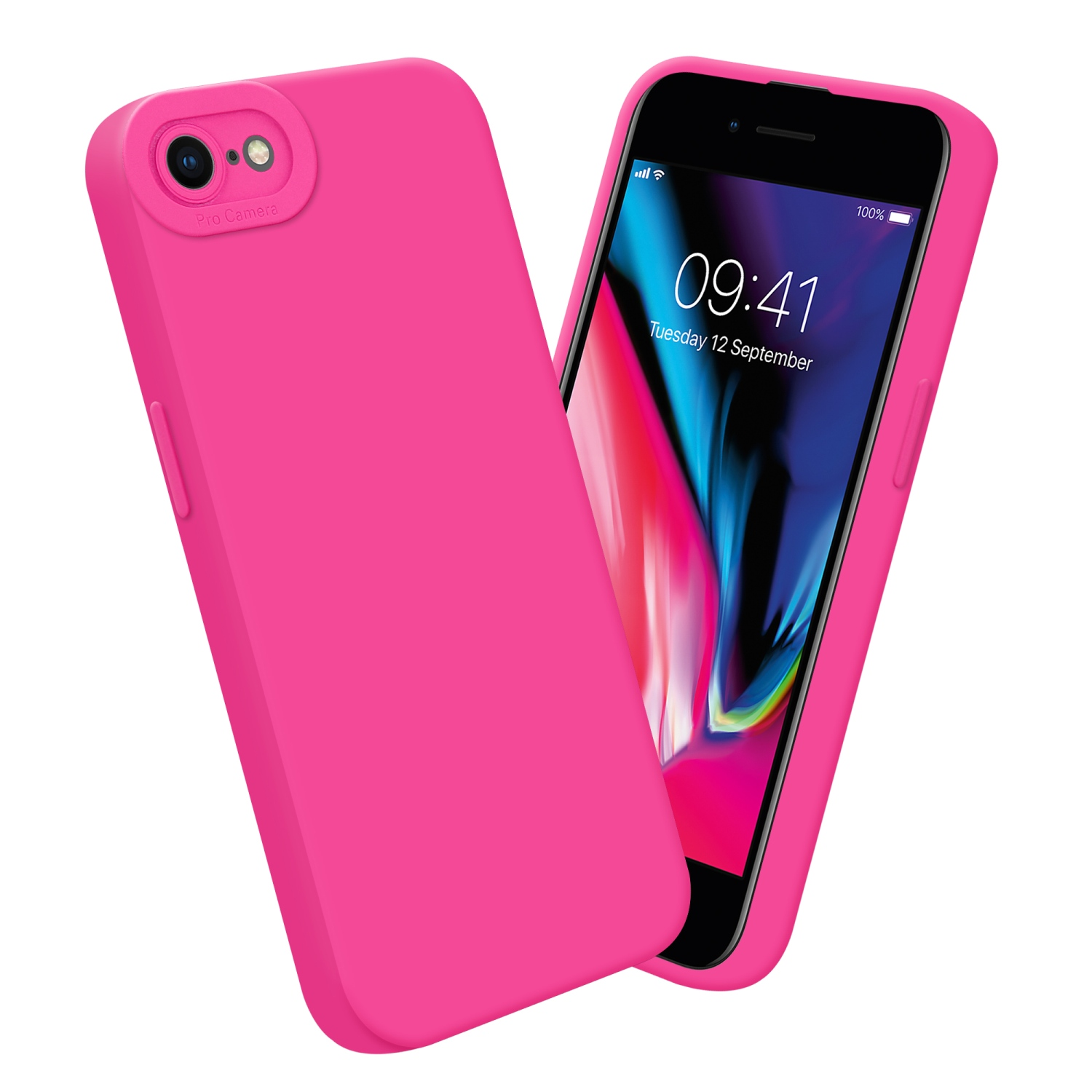 Custodia rosa, con un telefono che mostra uno sfondo colorato.