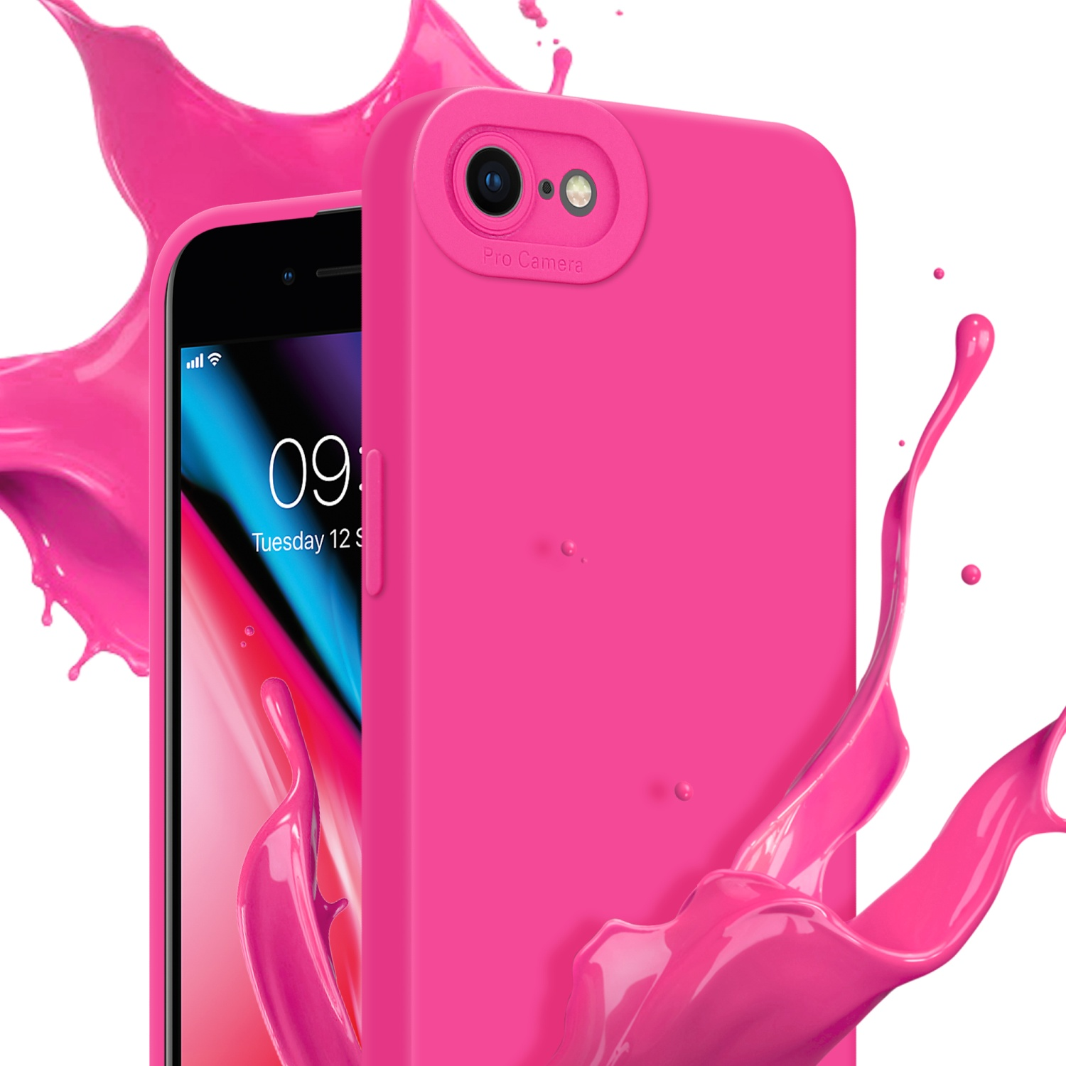 Custodia rosa. Il telefono è nero. Schizzi di liquido rosa. C'è scritto Pro Camera.