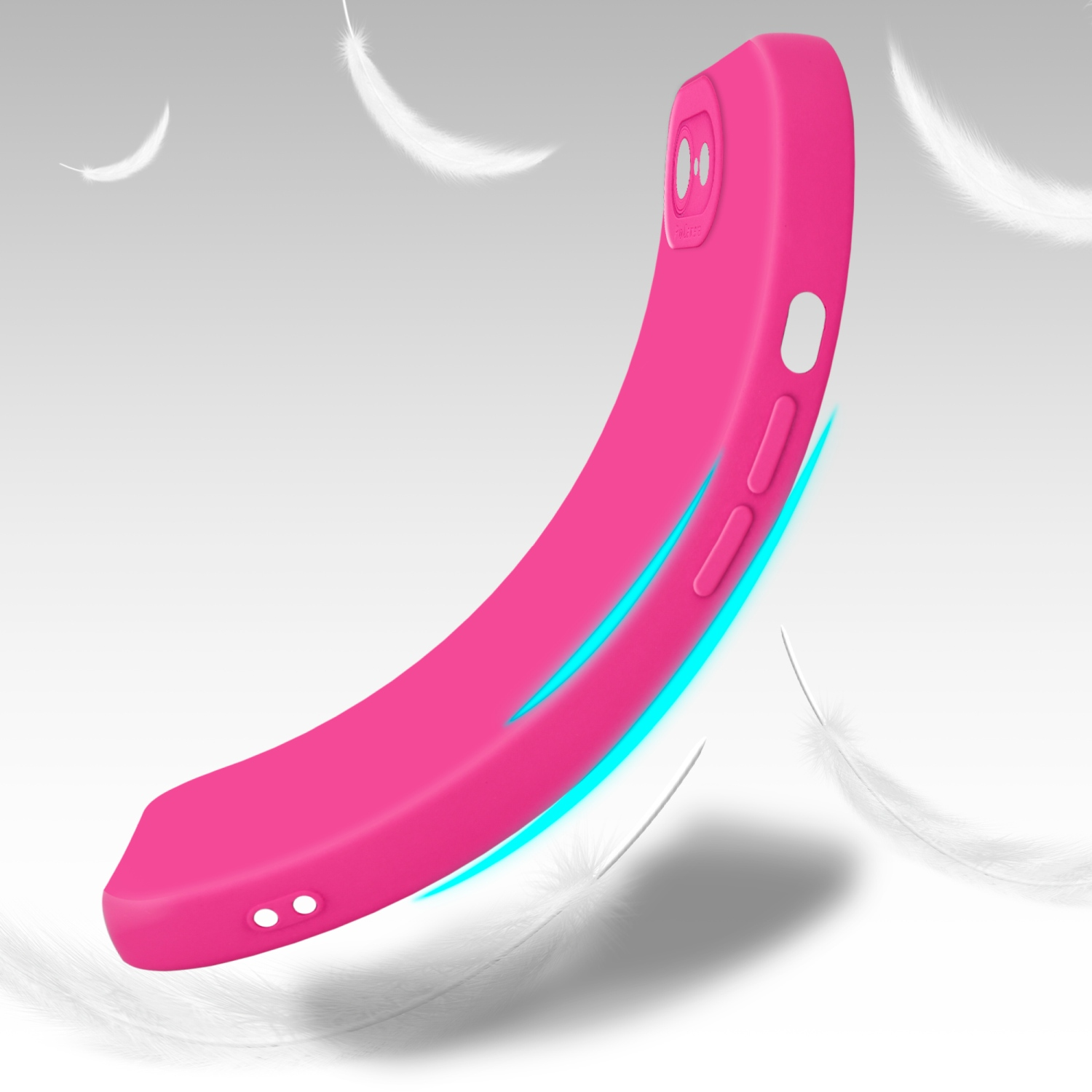 Custodia per telefono rosa che fluttua con piume. La custodia è curva e ha dettagli blu.