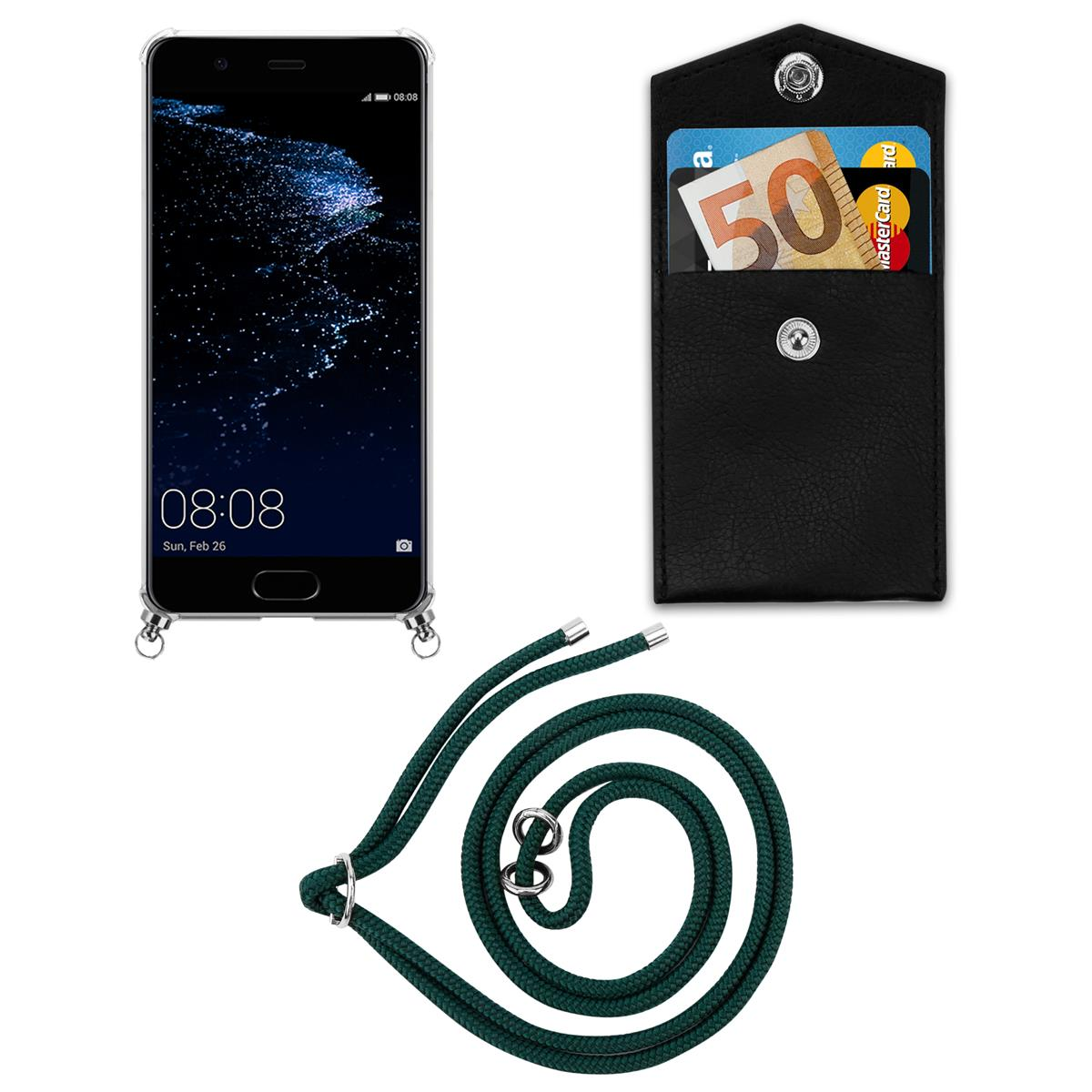 Telefon und Zubehör. Telefon mit Riemen, schwarze Brieftasche und grünes Seil.