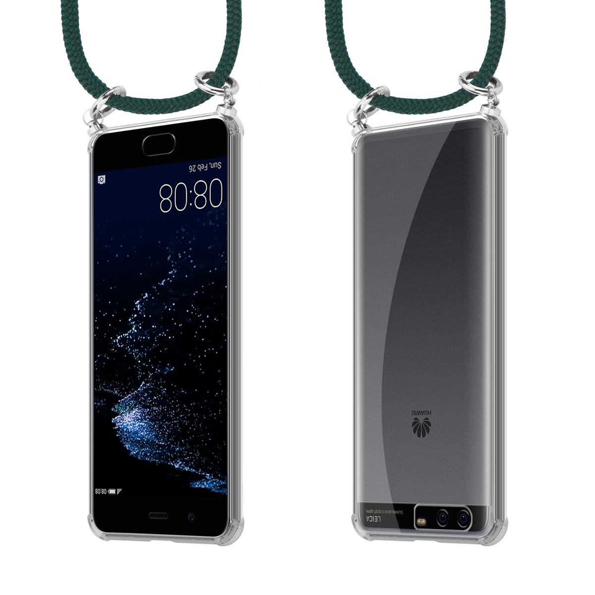 Telefon mit Lanyard, Vorder- und Rückseite, dunkler Hintergrund.