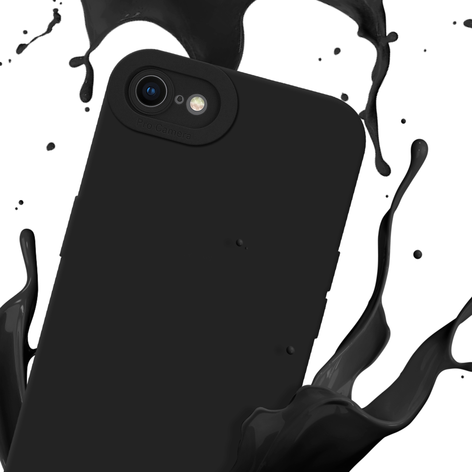 Custodia nera su un telefono. Effetto spruzzo di vernice nera. Sfondo bianco.