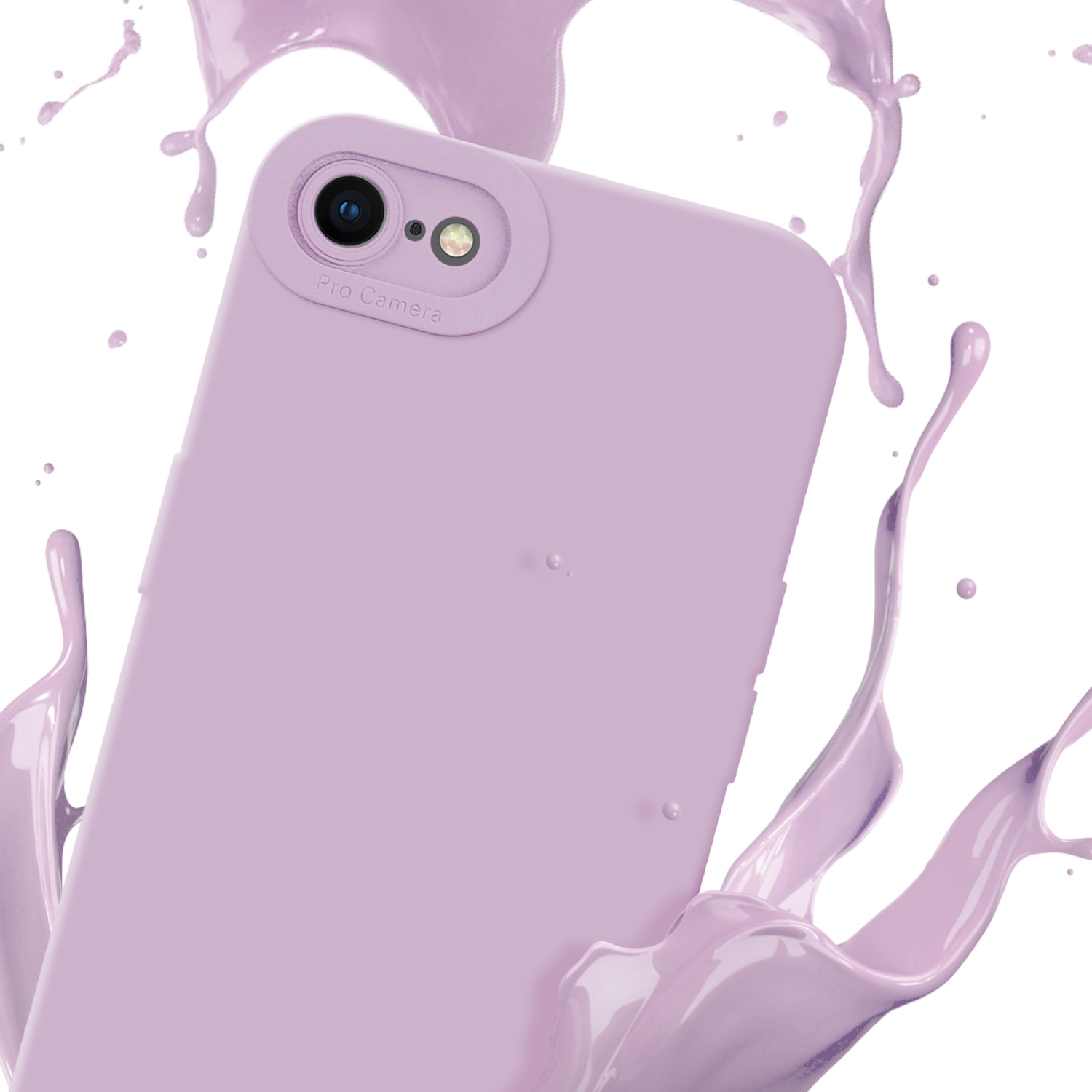 Custodia lilla con fotocamera, spruzzo di vernice viola intorno.