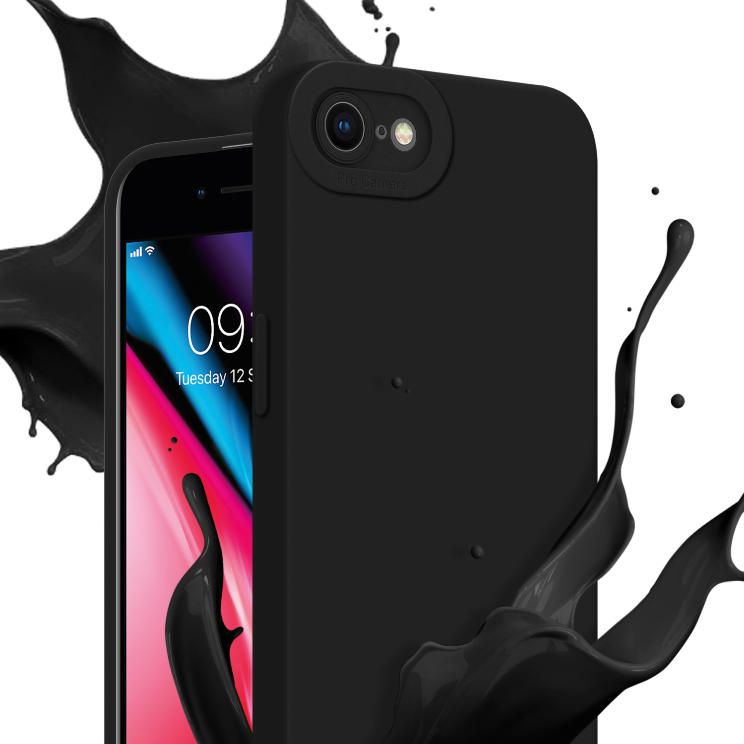 Telefono nero con custodia nera e schizzo di vernice nera. Lo schermo è acceso.