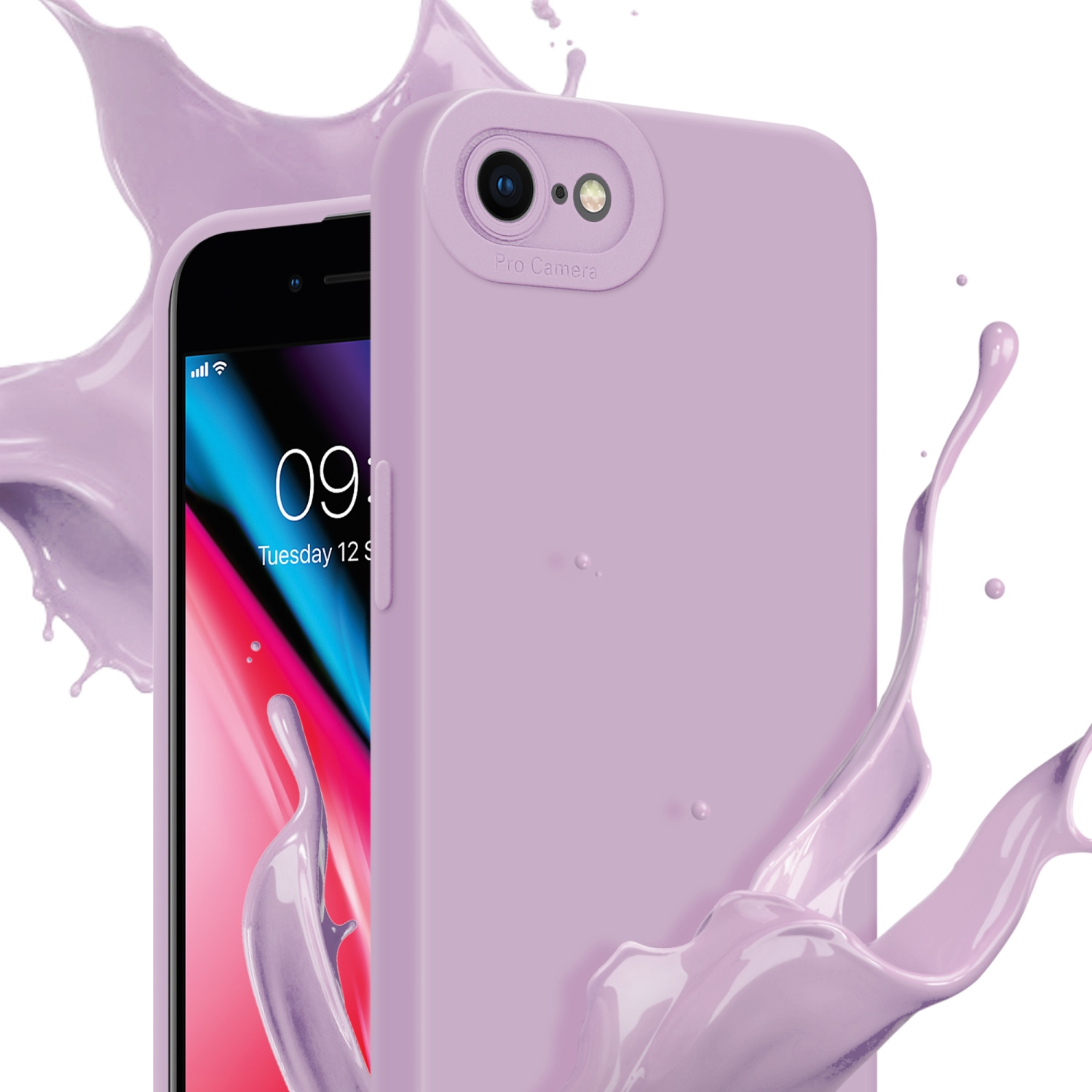 Custodia viola per telefono con telefono. Effetto splash viola sullo sfondo.