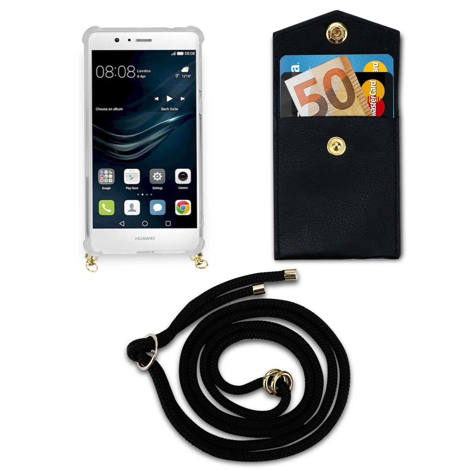 Ein Telefon mit durchsichtiger Hülle, schwarzem Kabel und Kartenhalter mit Karten.