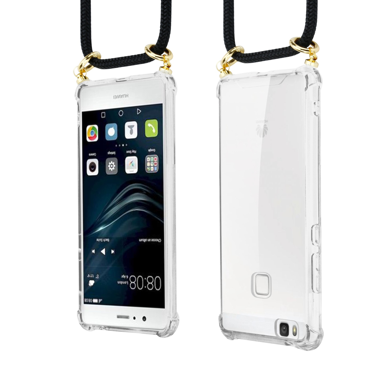 Telefon mit transparentem Gehäuse und schwarzem Umhängeband. Telefon zeigt App-Symbole.