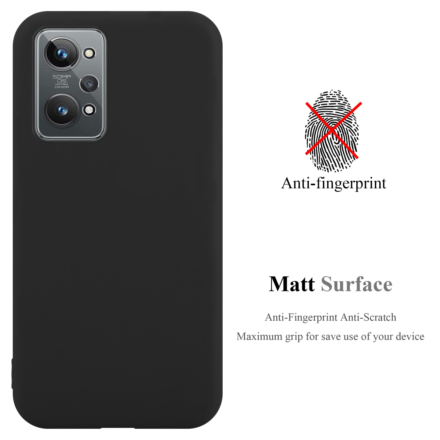 Eine schwarze Handyhülle mit Kamera und Text über Anti-Fingerabdruck und matte Oberfläche.