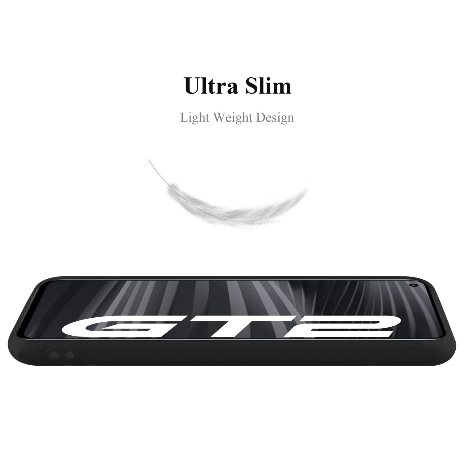 Eine schwarze Handyhülle wird gezeigt. Die Hülle ist dünn, mit den Worten Ultra Slim.