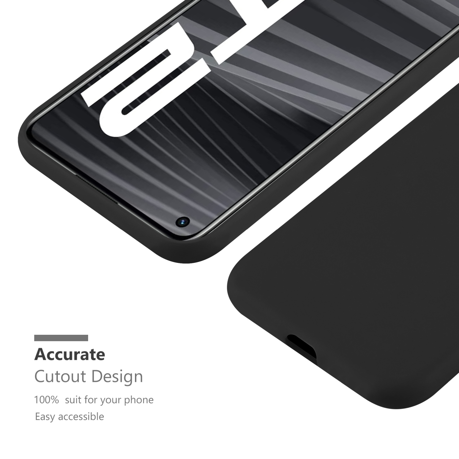 Schwarze Handyhülle mit schwarzem Telefonbildschirm. Text: Präzises Ausschnittdesign.