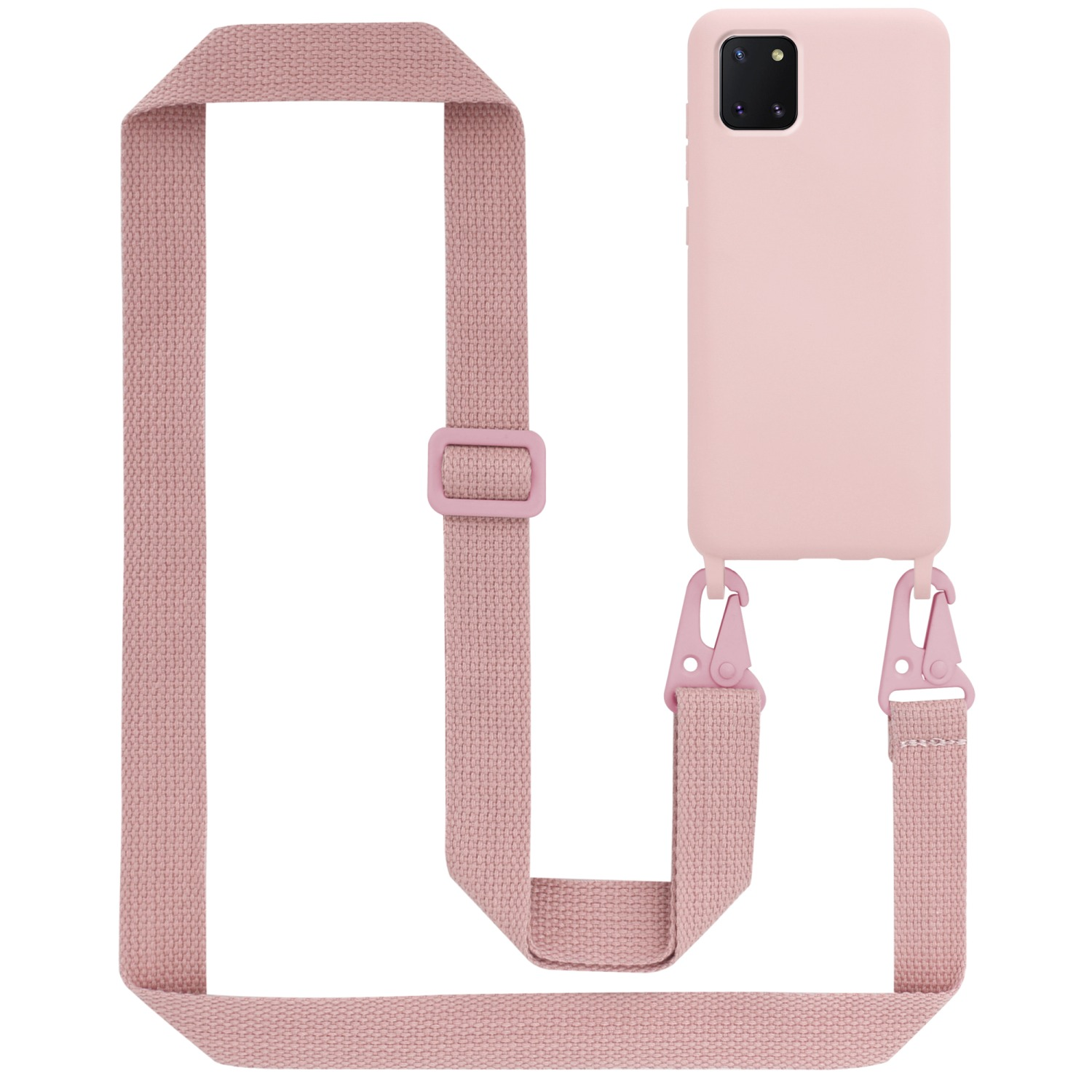 Rosa Handyhülle mit rosa Band. Das Band hat eine Schnalle und zwei rosa Clips.