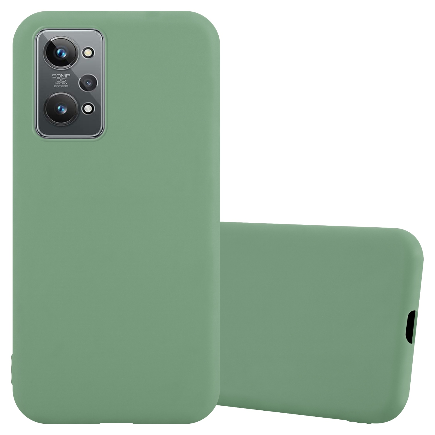 Grüne Handyhülle neben einem Telefon mit zwei Rückkameras.