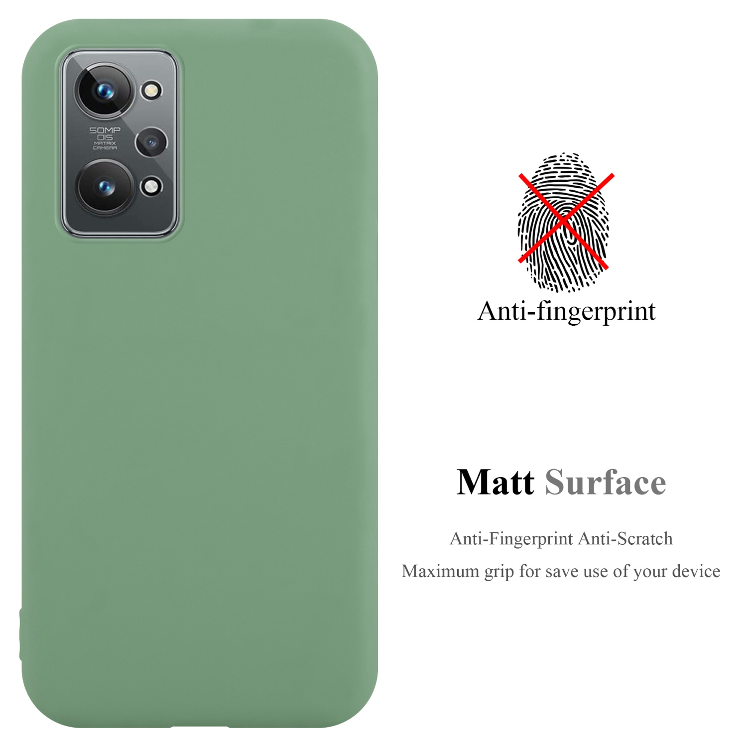 Grüne Handyhülle und Text über Anti-Fingerabdruck und matte Oberfläche.