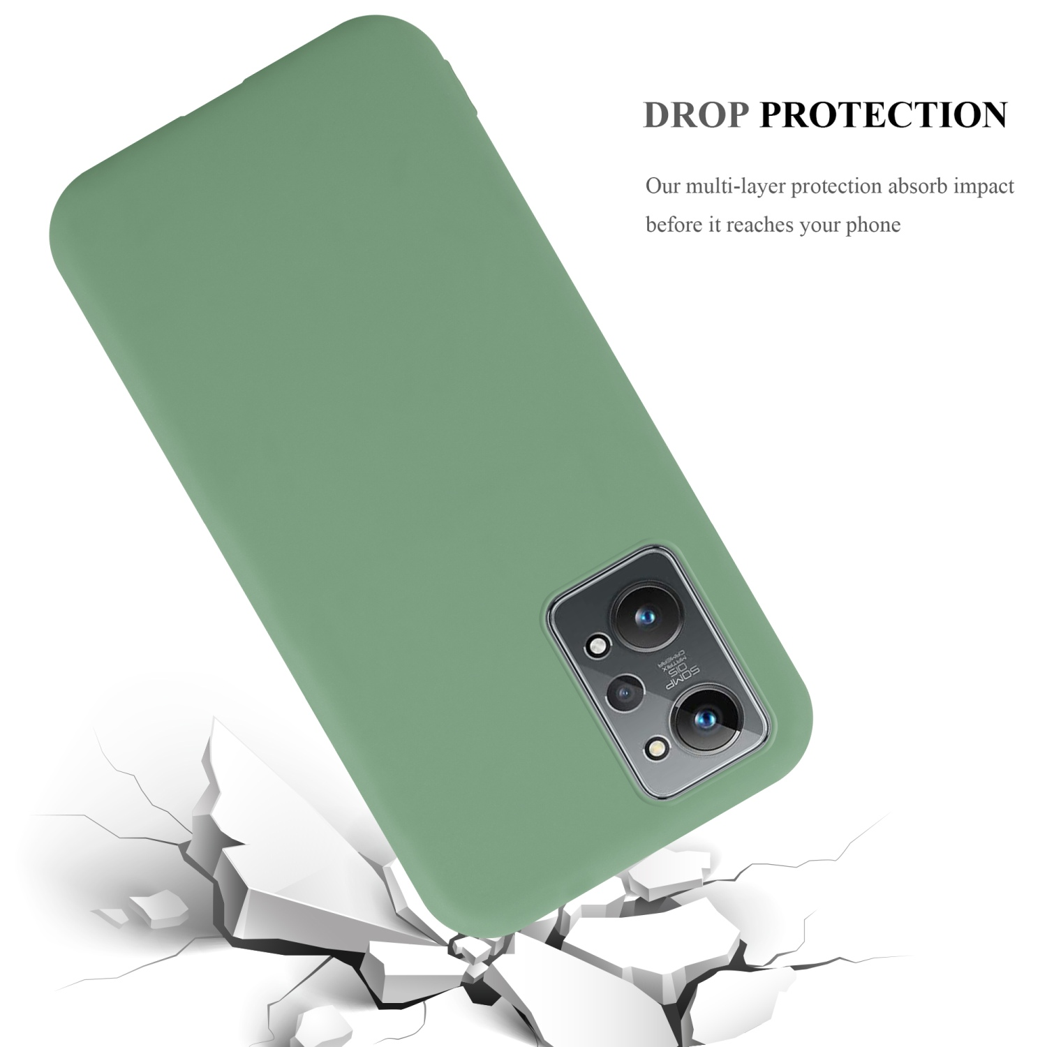 Grüne Handyhülle. Ein Telefon befindet sich in der Hülle. Der Text lautet 'DROP PROTECTION'.