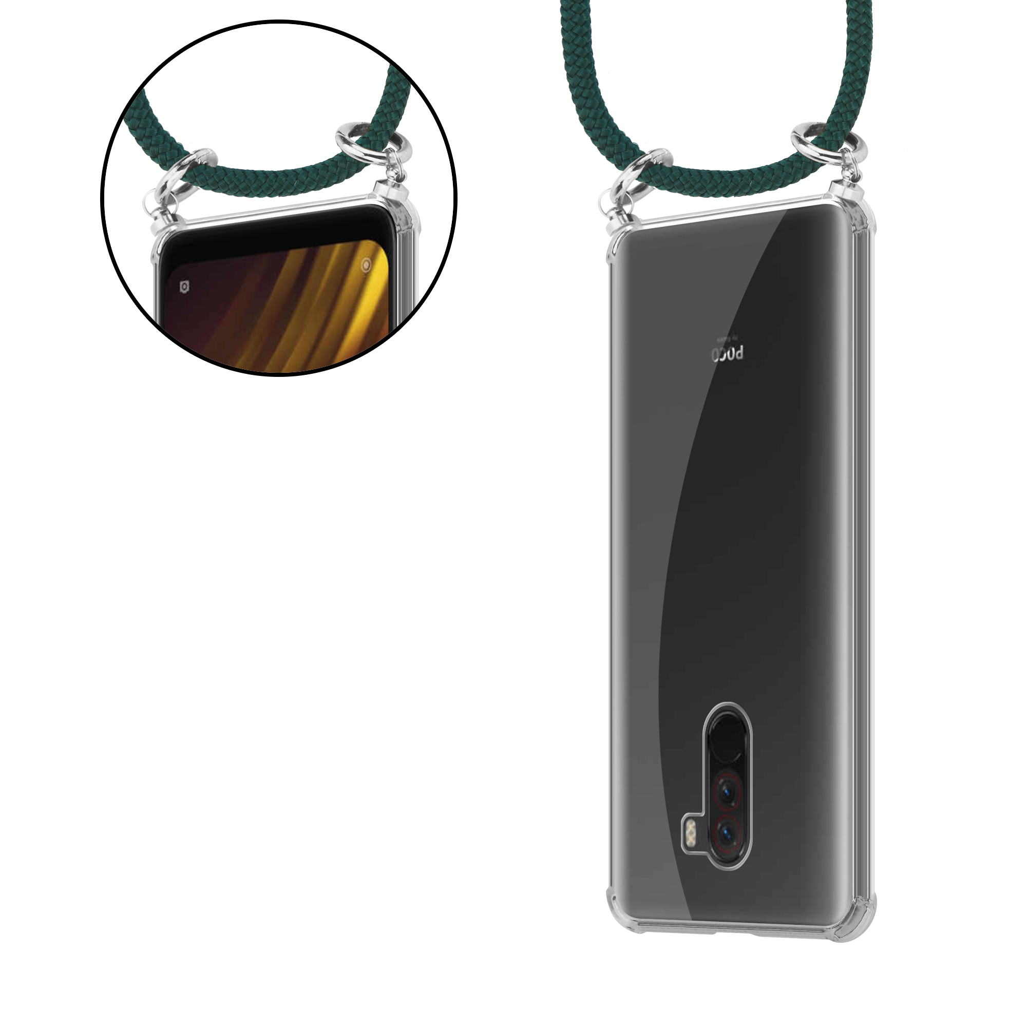 Transparente Handyhülle mit grünem Riemen. Das Telefon ist am Riemen aufgehängt.