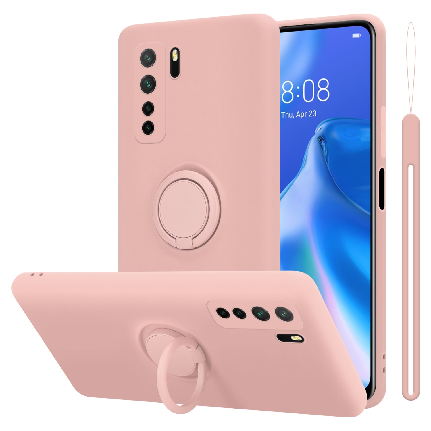 Rosa Handyhülle mit Ringhalter, zwei Hüllen. Telefon rechts zeigt Bildschirm mit Oberfläche.