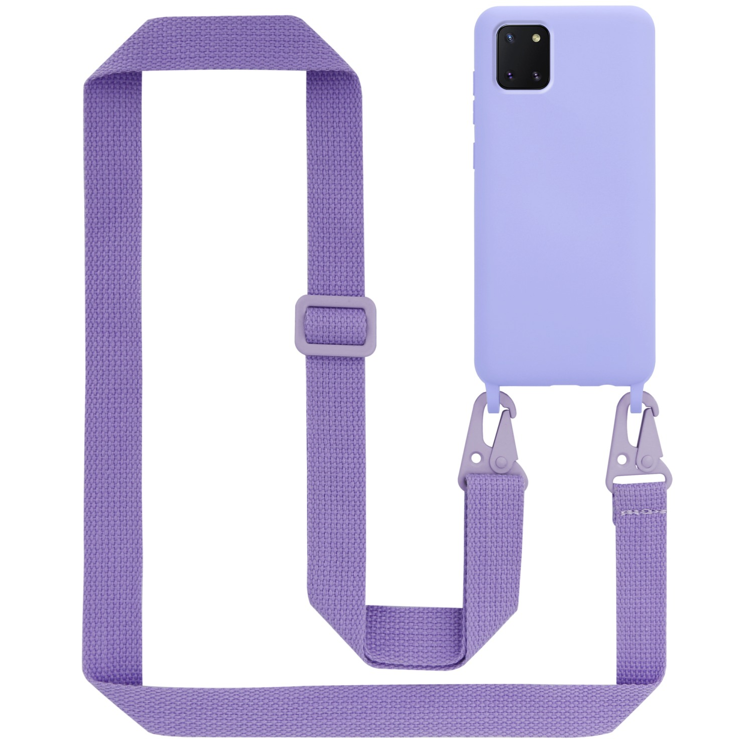 Lavendelfarbene Handyhülle mit Riemen. Telefon ist innen. Weißer Hintergrund.