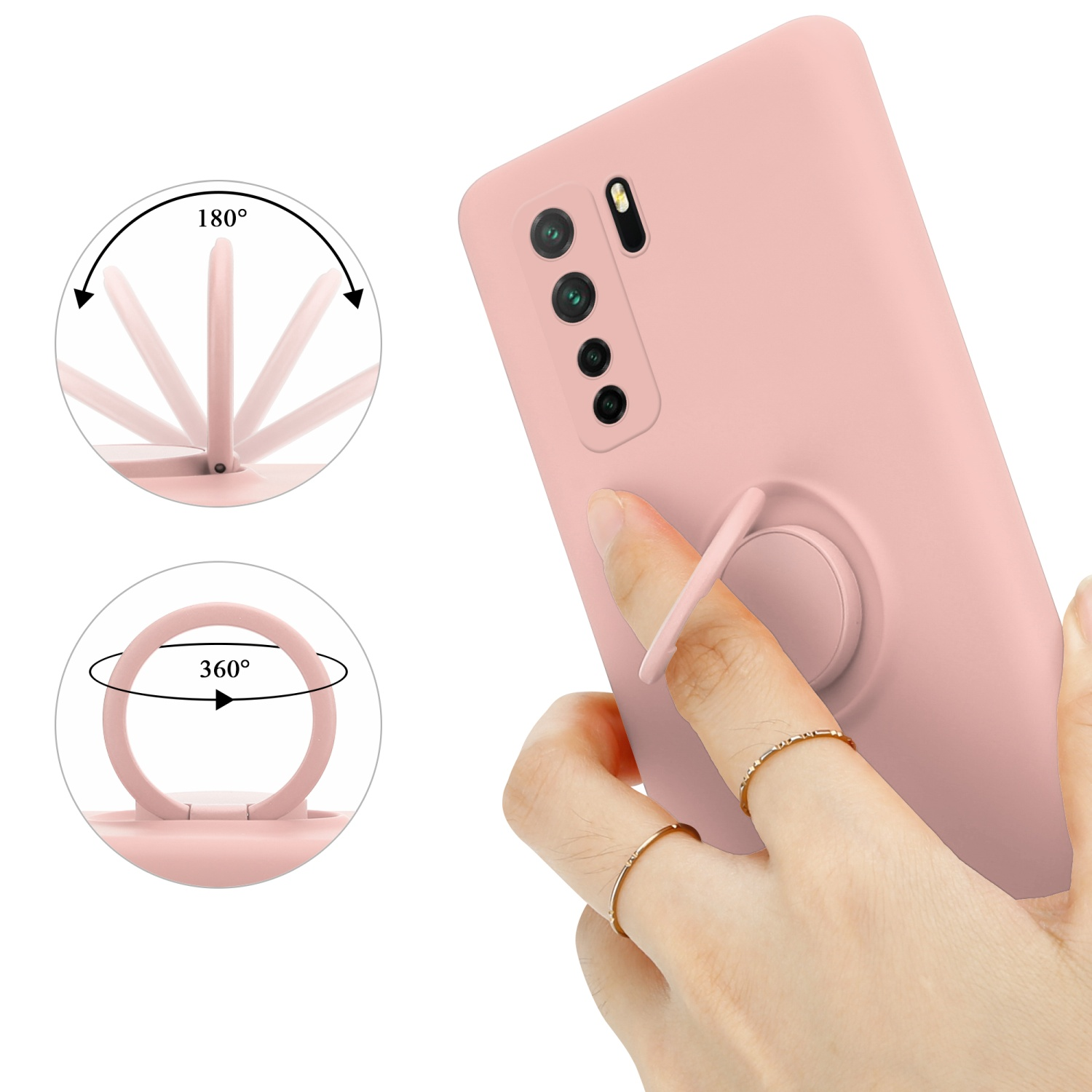 Rosa Handyhülle mit Ringhalter, in verschiedenen Positionen gezeigt. Eine Hand mit Ringen hält sie.