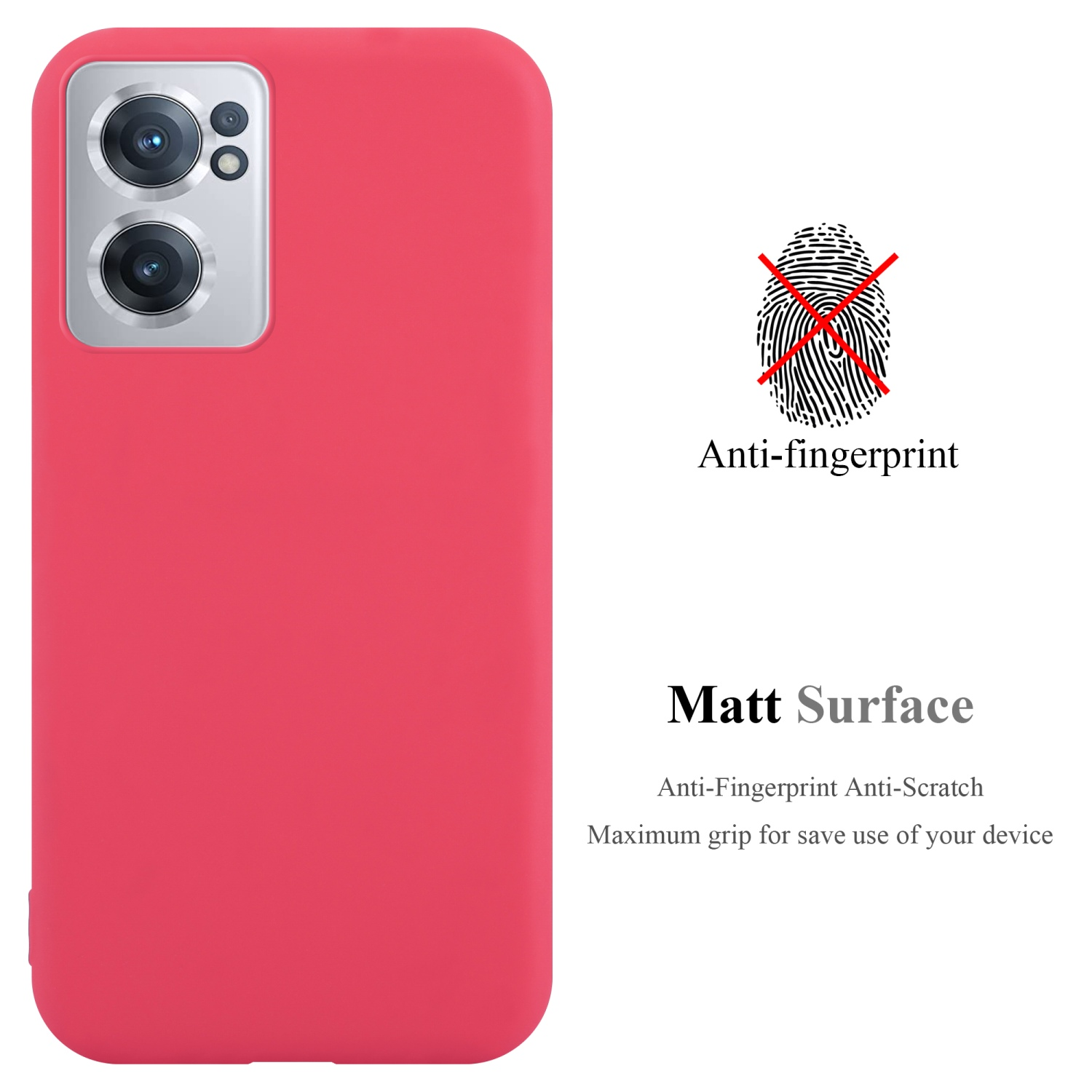 Rote Handyhülle mit Anti-Fingerprint-Text neben Fingerabdruckbild.