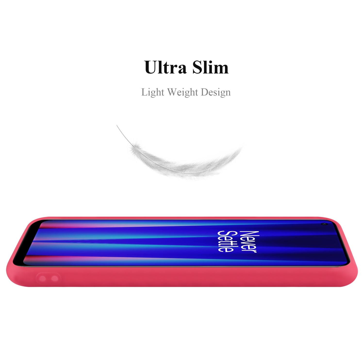 Rote Handyhülle. Eine Feder schwebt über der Hülle. Oben steht Ultra Slim.