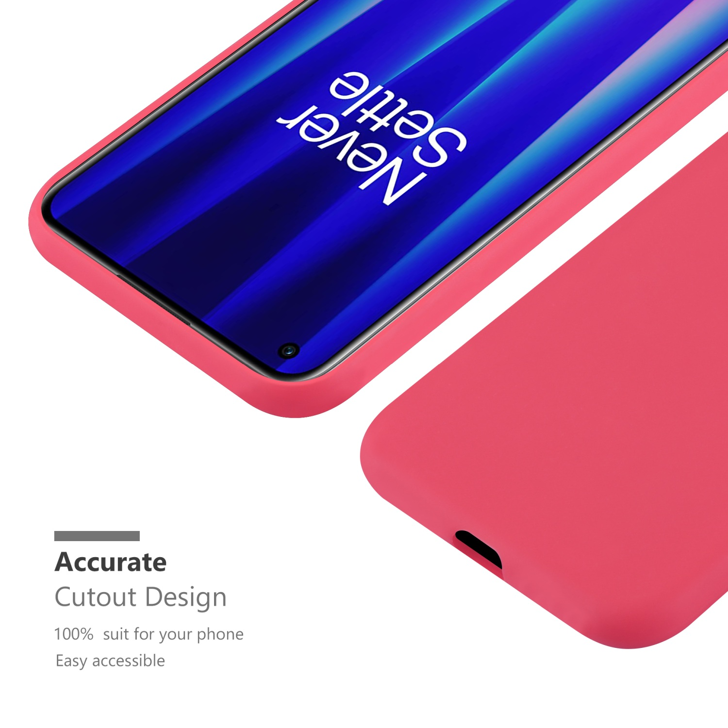 Rosa Telefon mit einem Bildschirm, der Never Settle zeigt. Die Handyhülle ist ebenfalls rosa. Der Hintergrund ist weiß.