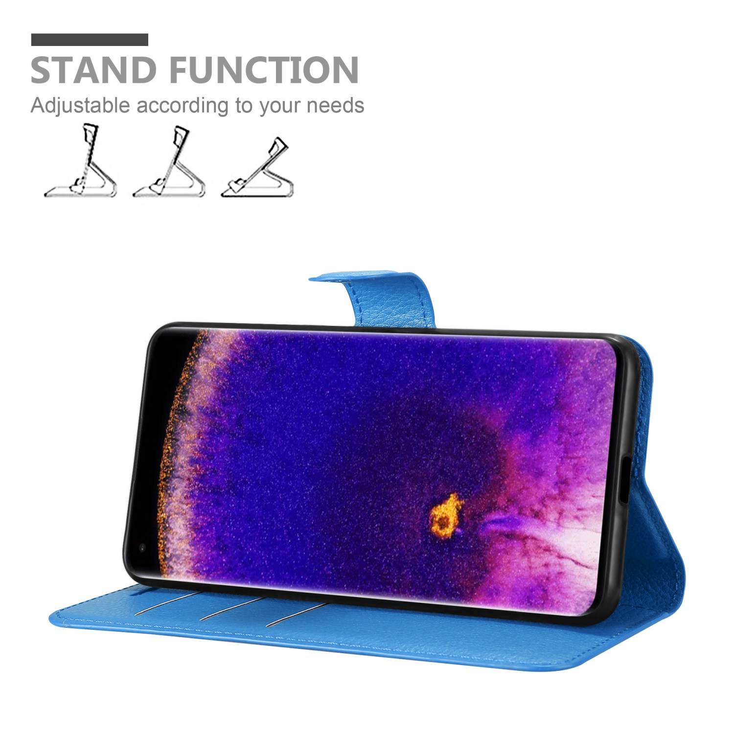 Blaue Handyhülle mit Telefon darin. Das Telefon ist offen und stützt sich ab. Text auf dem Gehäuse lautet "Standfunktion".