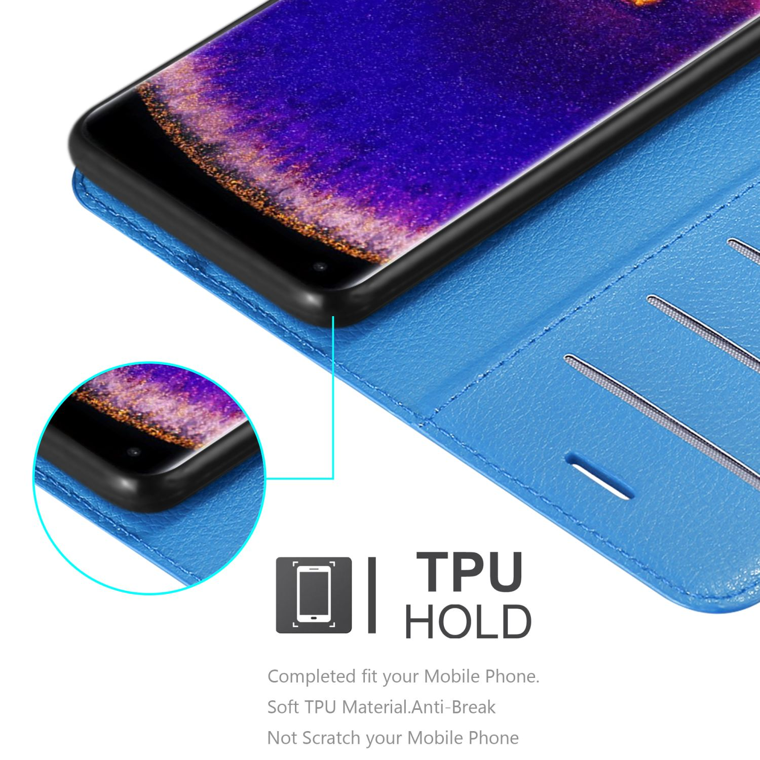Blaue Handyhülle mit Handy. Das Telefon ist schwarz, die Hülle hat ein TPU HOLD-Etikett.