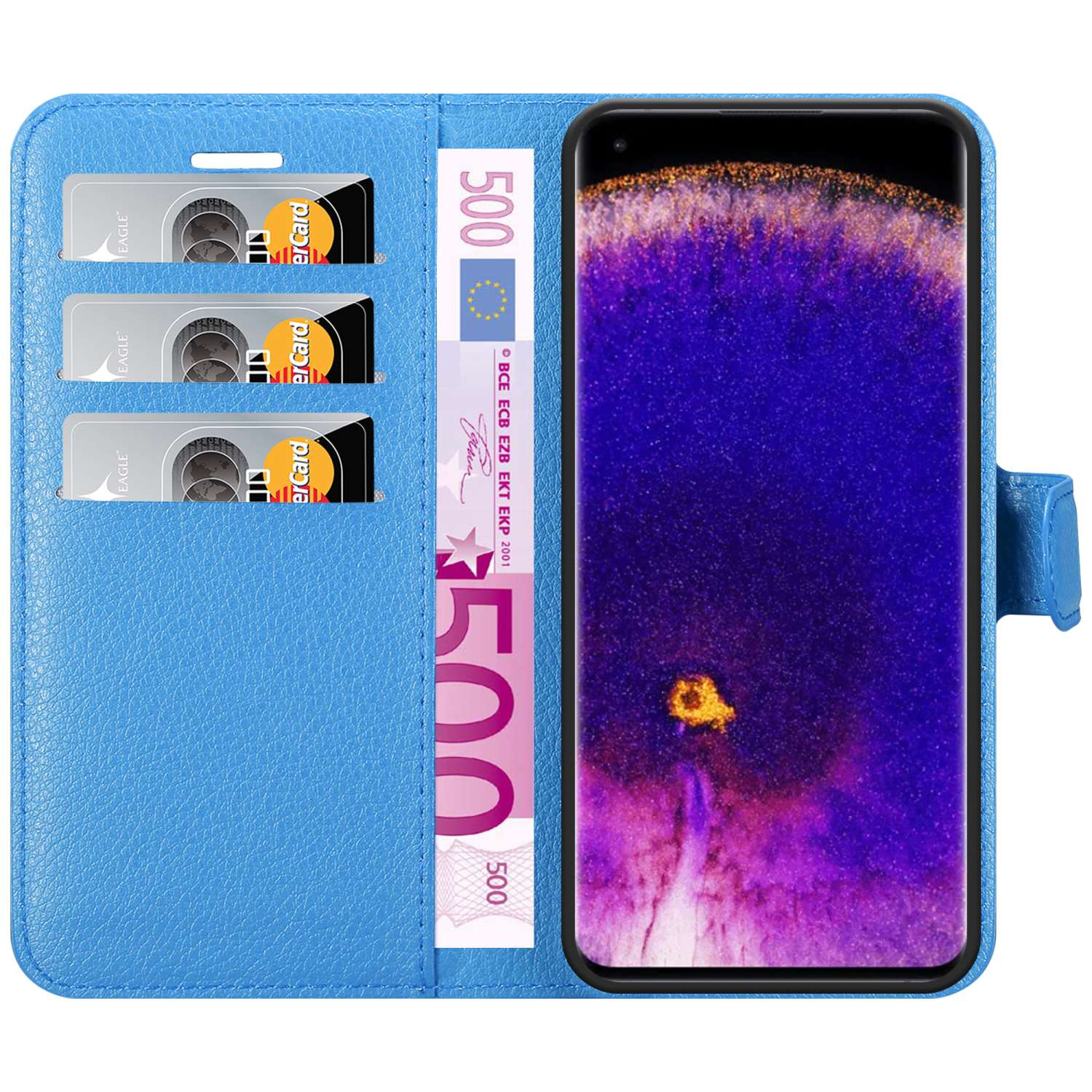 Blaue Brieftaschen-Handyhülle mit Karten und einem 500-Euro-Schein.