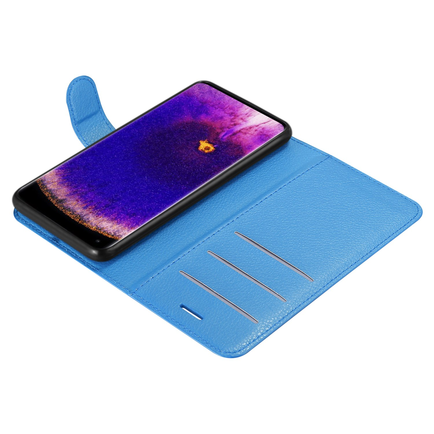 Blaue Handyhülle offen. Telefon mit Bildschirm, der lila und gelbe Details zeigt.