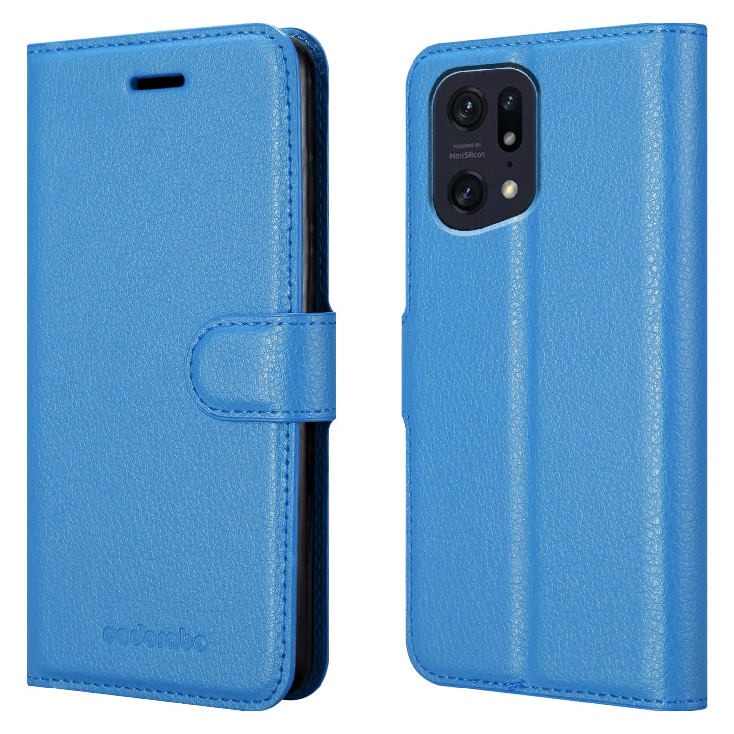 Eine blaue Leder-Handyhülle, offen und geschlossen, zeigt den Bildschirm des Telefons und die Rückseite.