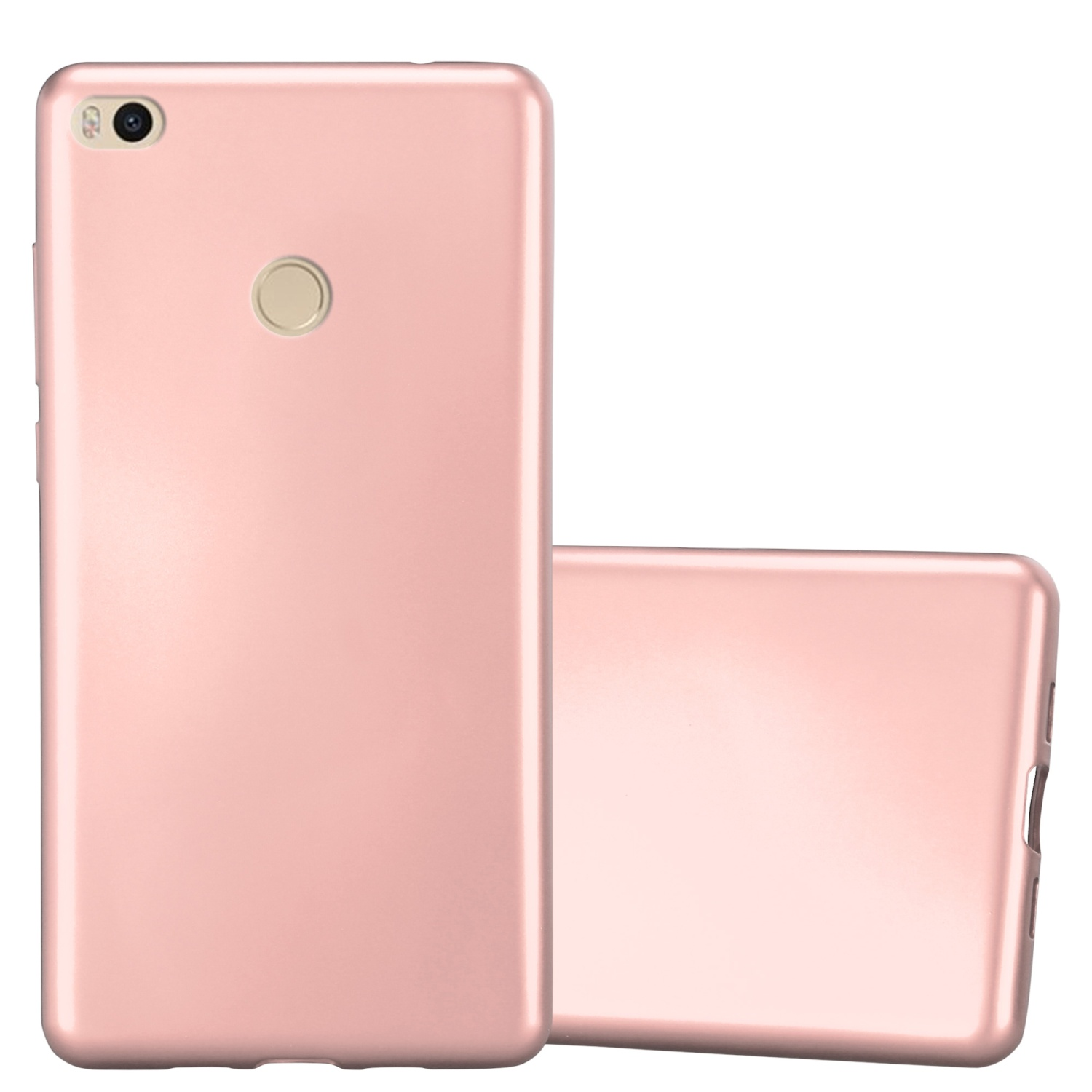 Zwei roségoldene Handyhüllen, eine bedeckt das Telefon, die andere zeigt die Rückseite.
