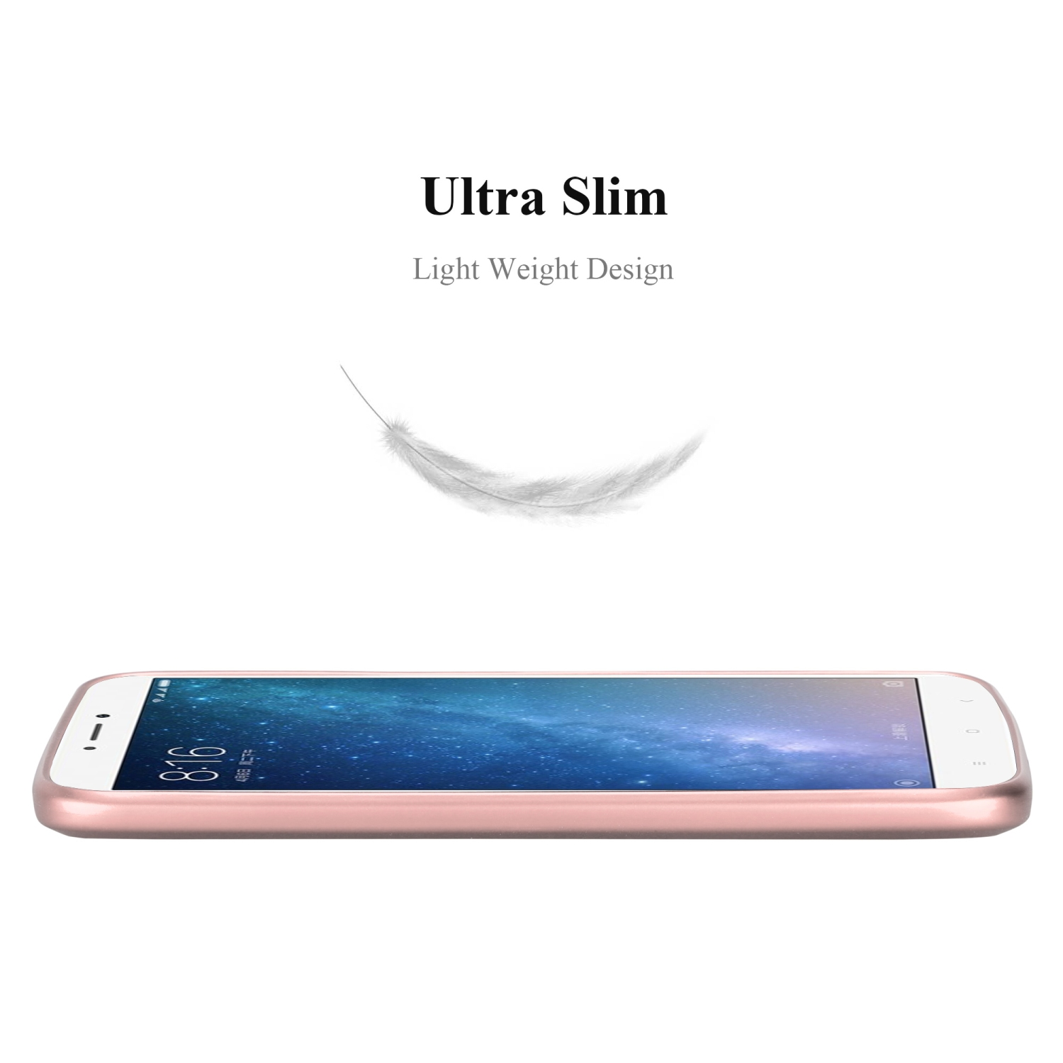 Telefon in roségoldenem Gehäuse. Text 'Ultra Slim, Light Weight Design'. Eine Feder schwebt darüber.