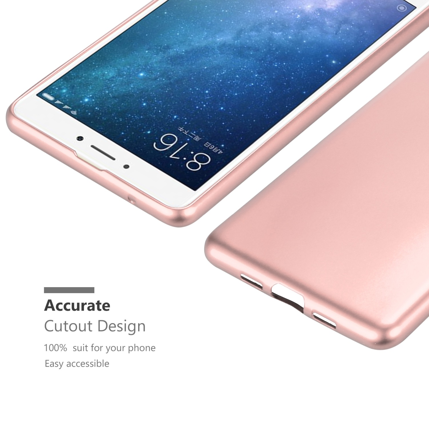 Roségoldene Handyhülle. Der Telefonbildschirm zeigt einen blauen Himmel. Der Hintergrund ist weiß mit Text.