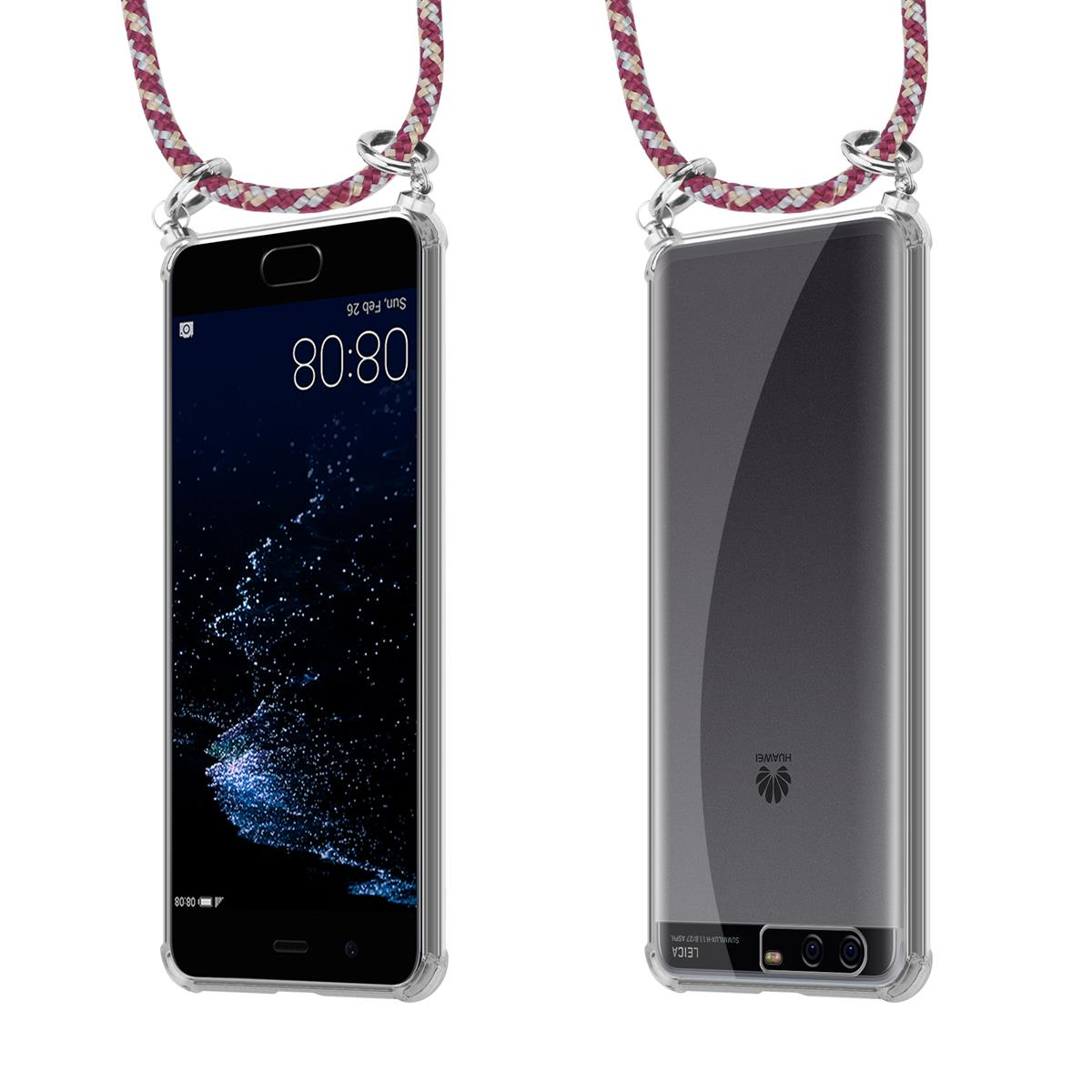 Zwei Ansichten eines Telefons in einer transparenten Hülle mit Lanyard. Eine Seite zeigt den Bildschirm.
