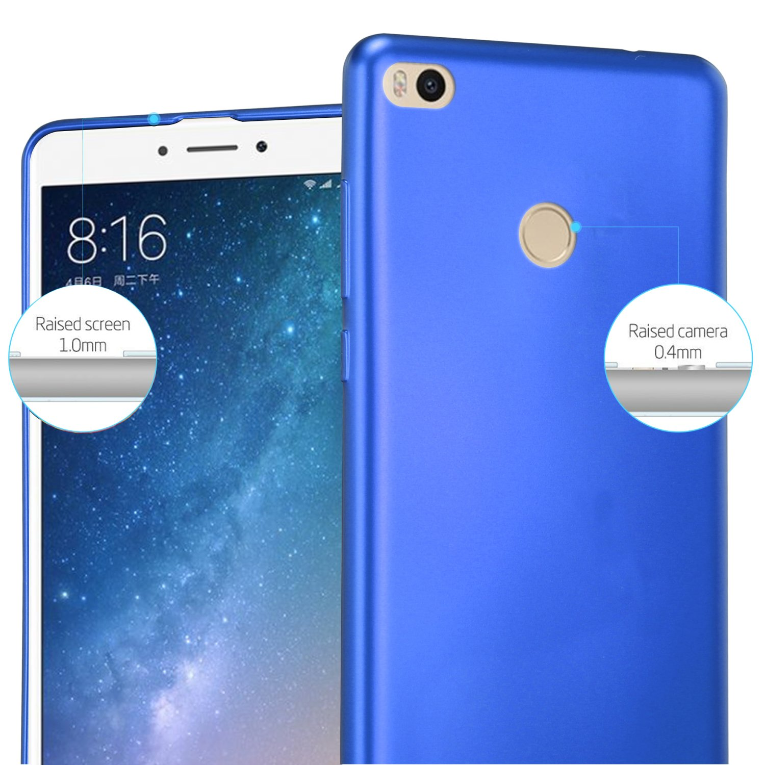 Zwei blaue Telefone. Eines mit eingeschaltetem Bildschirm. Erhöhter Bildschirm und Kameradetails hervorgehoben.