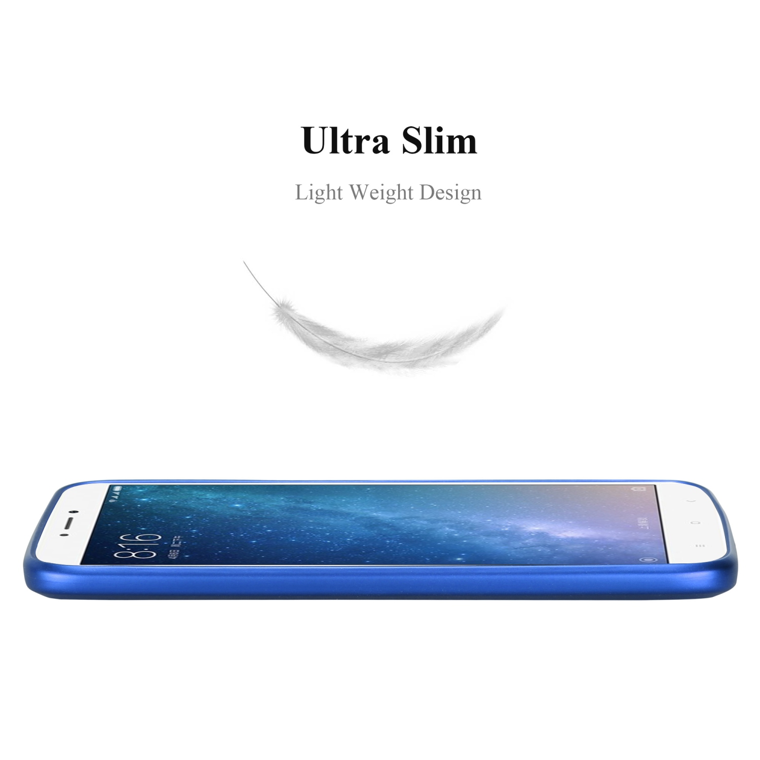 Blaue Handyhülle auf weißem Hintergrund mit Text 'Ultra Slim Light Weight Design' und einer Feder.