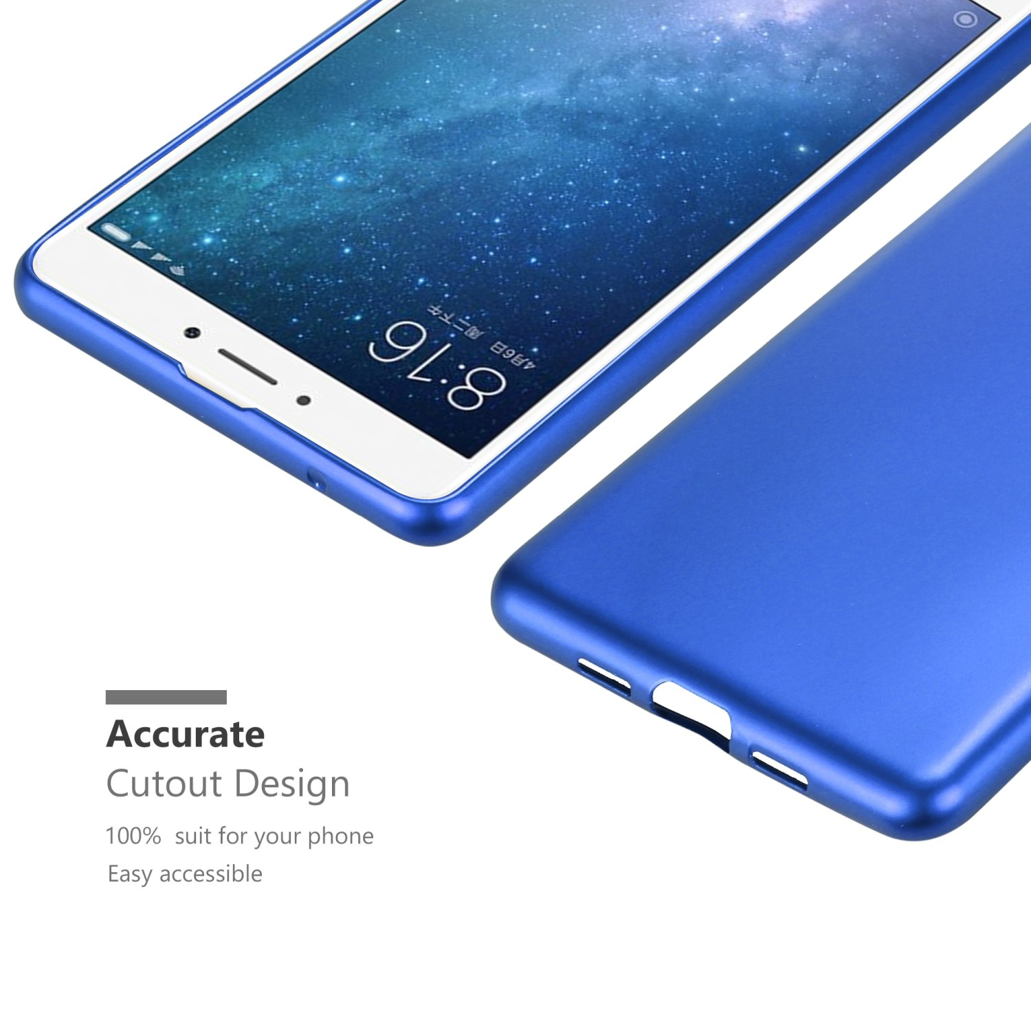 Blaue Handyhülle auf einem weißen Telefon, mit Nahaufnahme des Telefondesigns und Text zum Design.