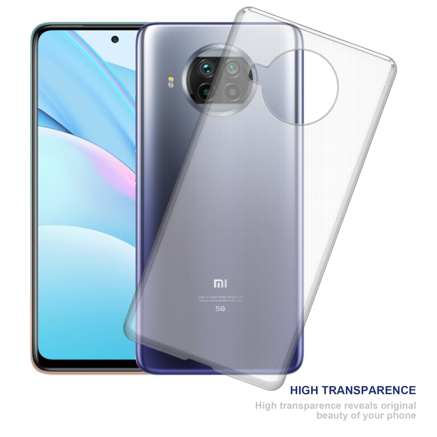 Telefon mit transparentem Gehäuse. Das Gehäuse zeigt die Rückseite und eine transparente Schicht.