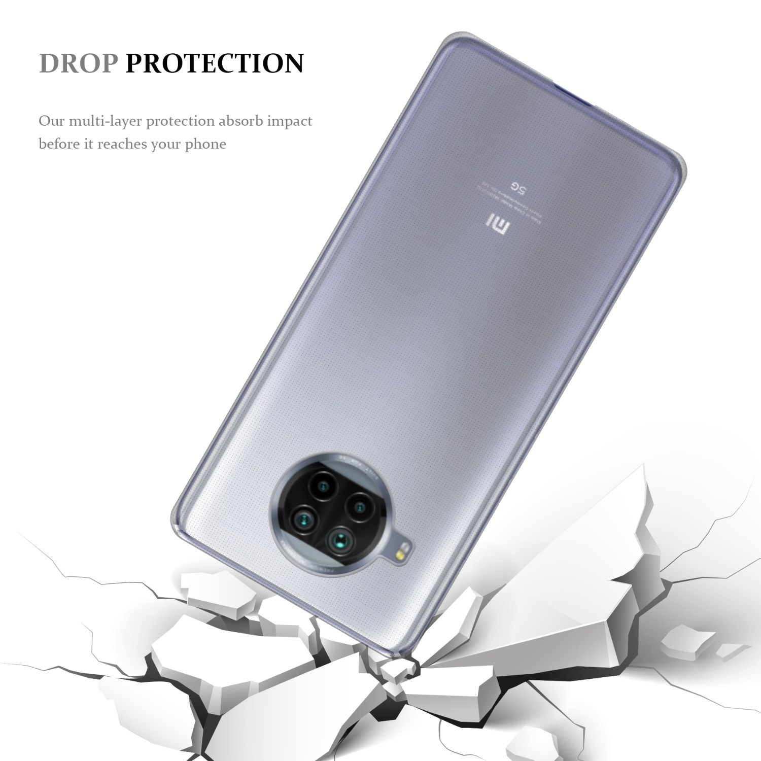 Ein Handyhülle fällt, mit zersplittertem Boden und Drop-Protection-Label.