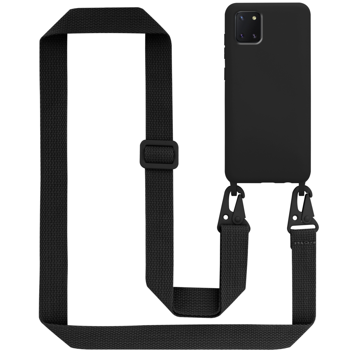 Schwarzes Telefon mit an schwarzer Hülle befestigtem Gurt. Weißer Hintergrund.