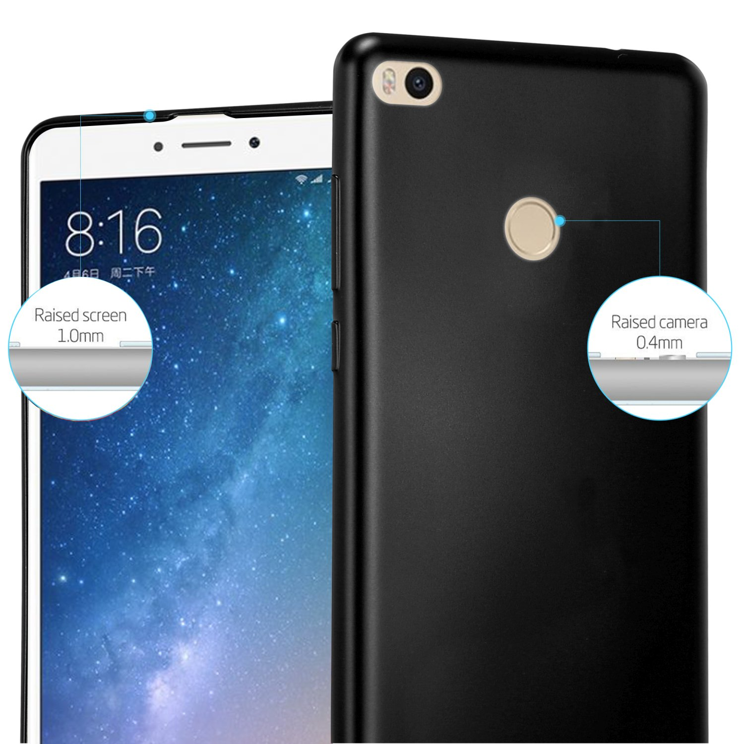 Ein Telefon mit schwarzem Gehäuse. Details von erhöhtem Bildschirm und Kamera.