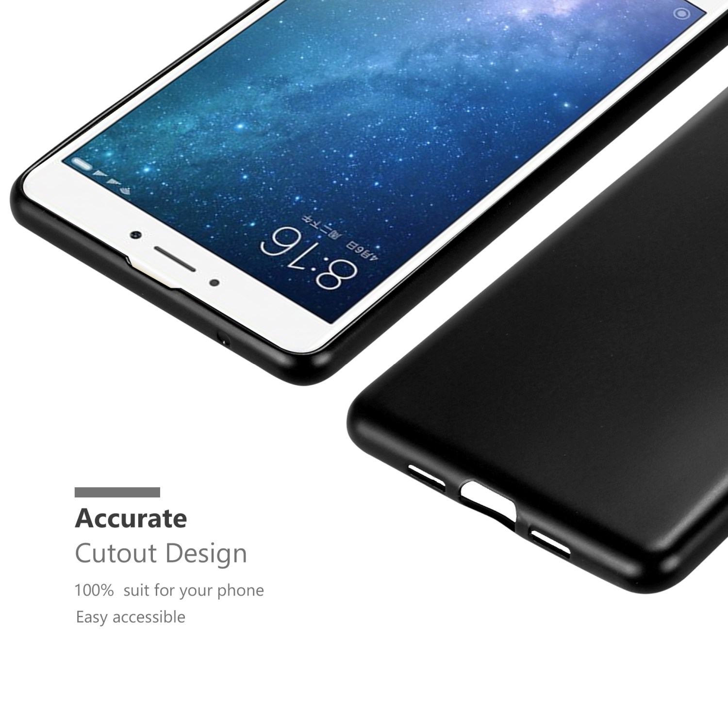 Schwarzes Telefon und schwarze Handyhülle, Text "Genaue Ausschnitt Design" und "Leicht zugänglich".