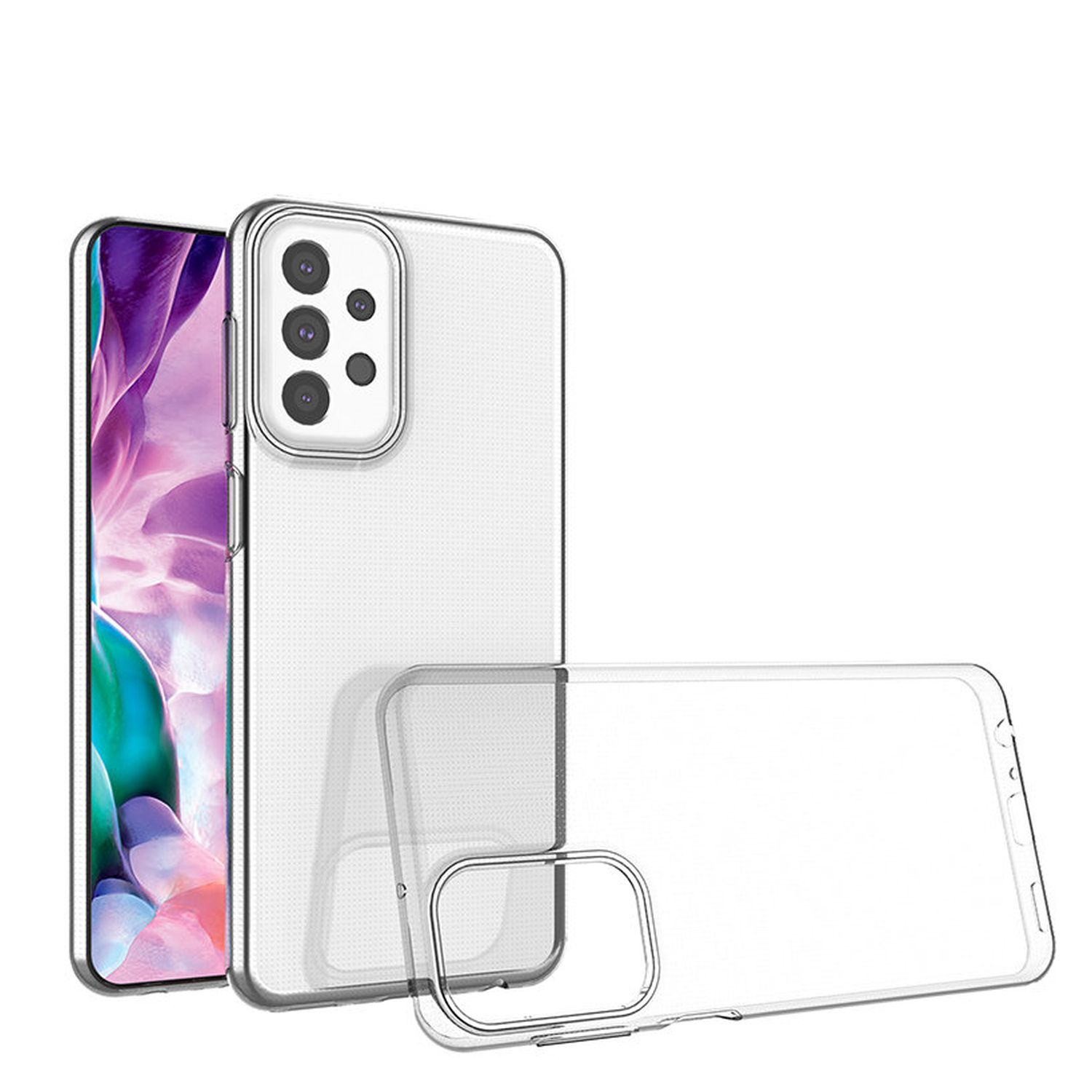 Transparente Handyhüllen mit einem Telefon darin. Der Hintergrund ist weiß.