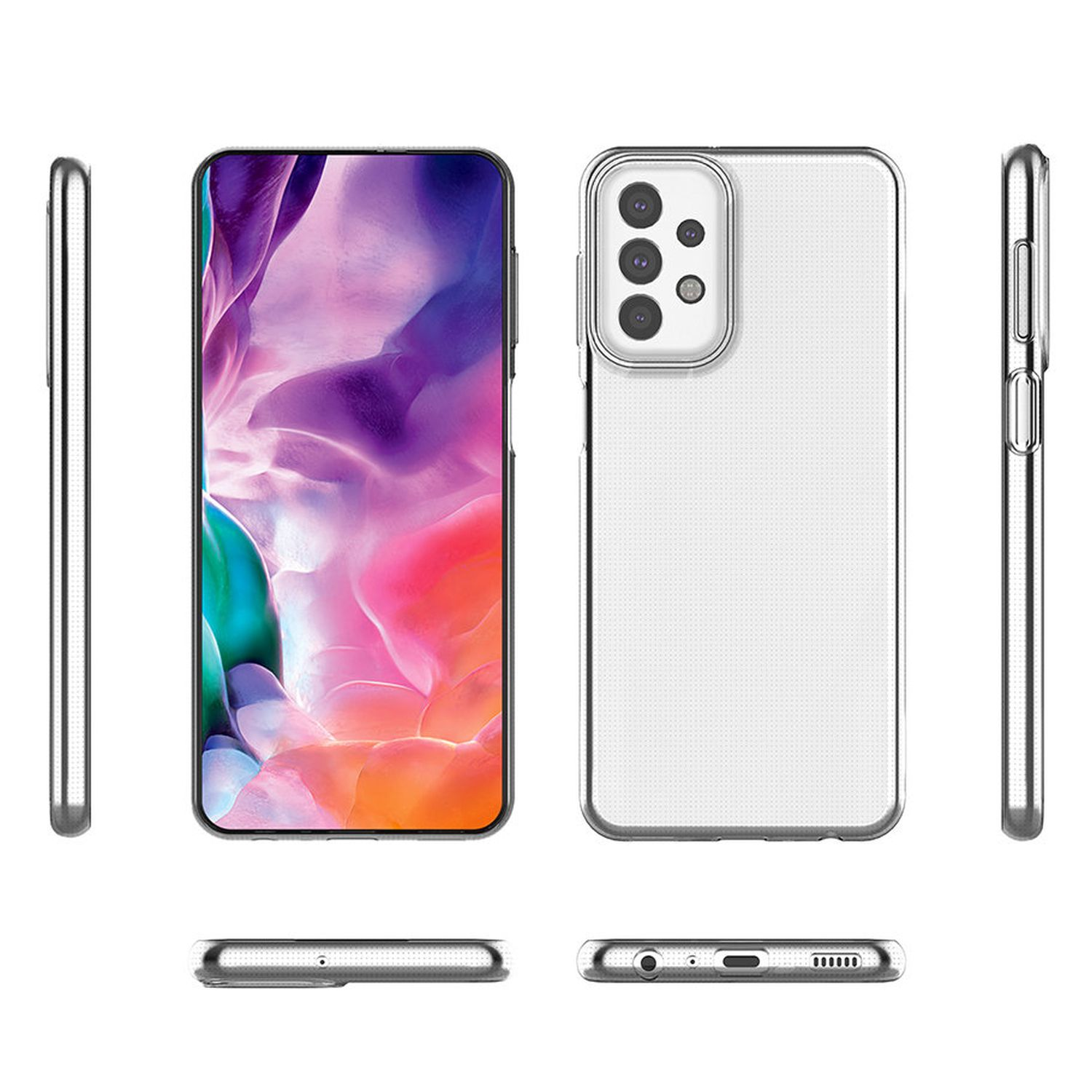 Telefon mit klarer Hülle. Seitenansicht des Telefons, oben und unten. Ein weißer Hintergrund. Der Bildschirm zeigt einen Farbverlauf.